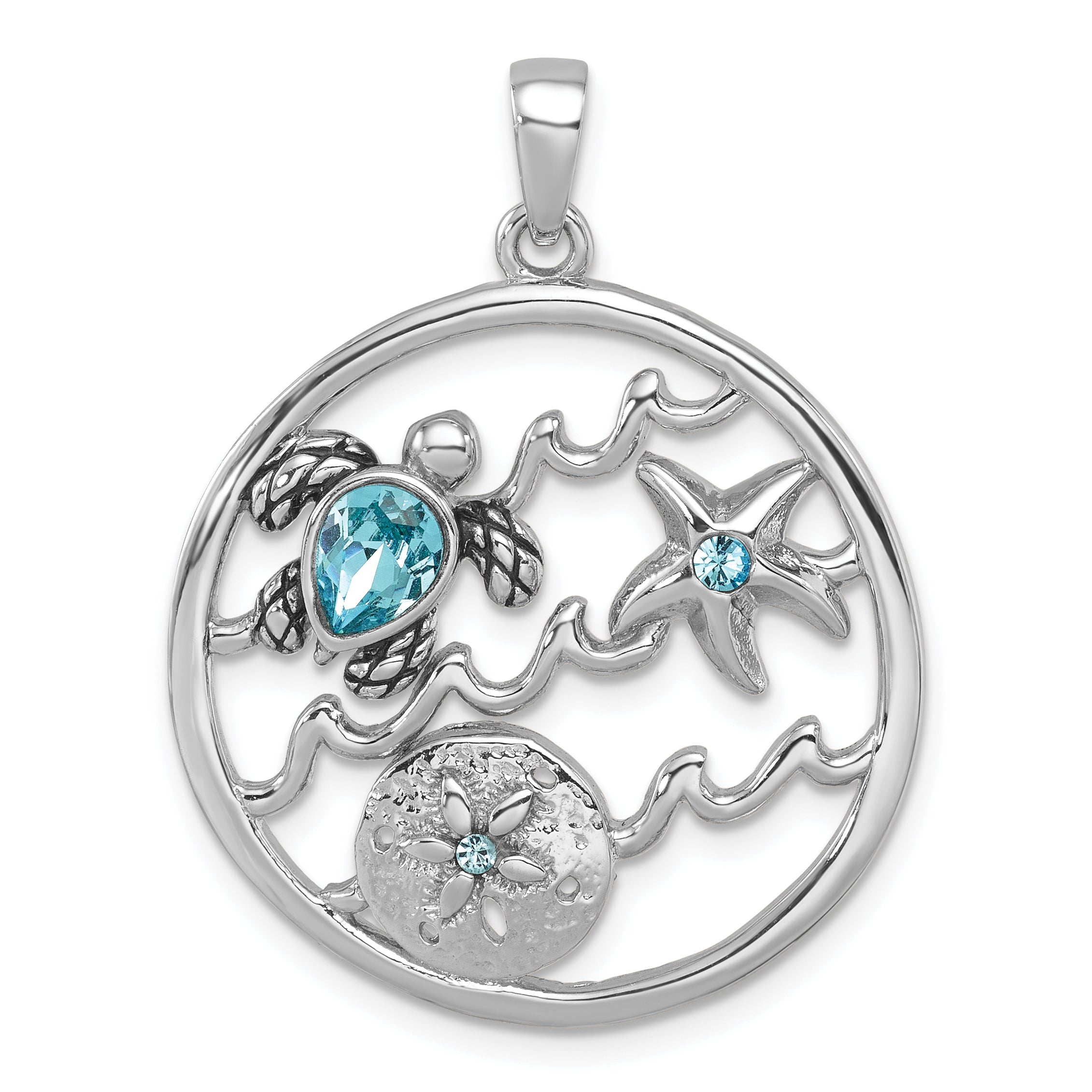 Sterling Silver Rhodium-plated Polished and Antiqued Round Crystal Sealife Pendant Main image