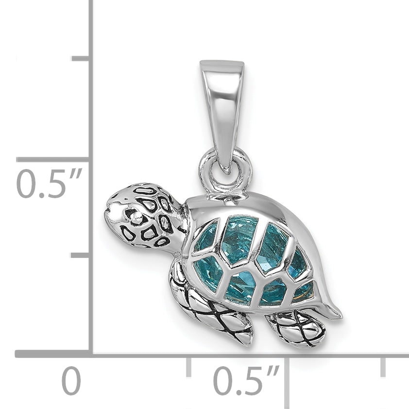 Sterling Silver Rhodium-Plated Polished and Antiqued Crystal Swimming Turtle Pendant