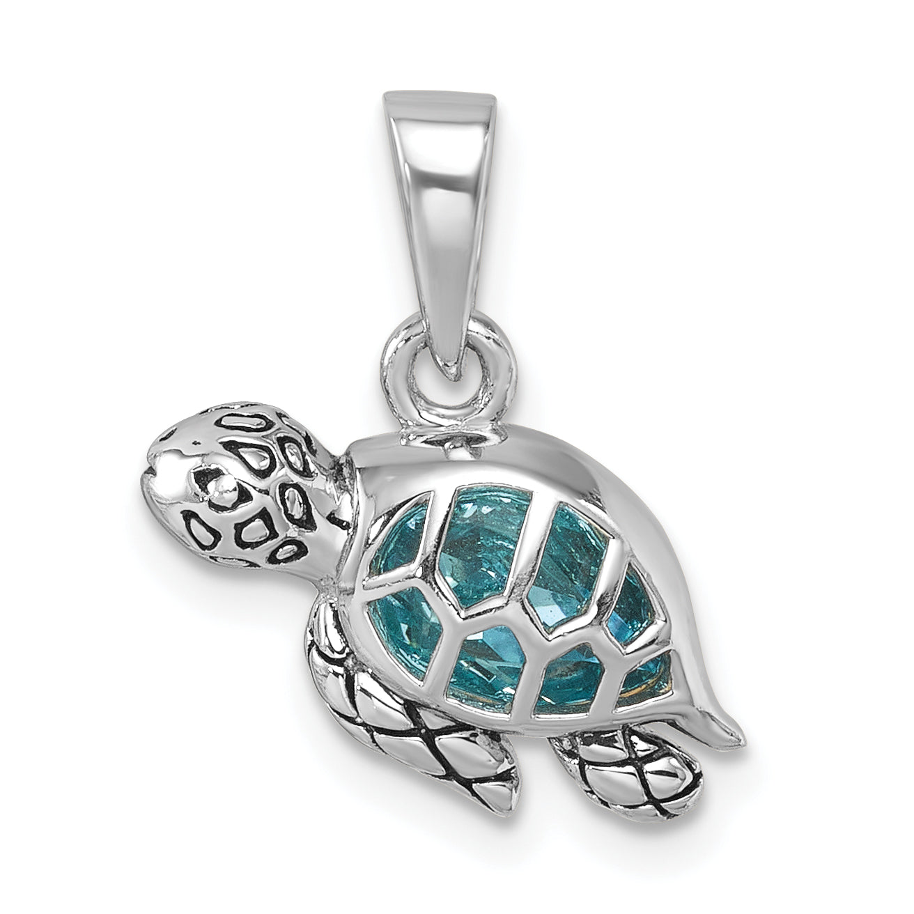 Sterling Silver Rhodium-Plated Polished and Antiqued Crystal Swimming Turtle Pendant Main image