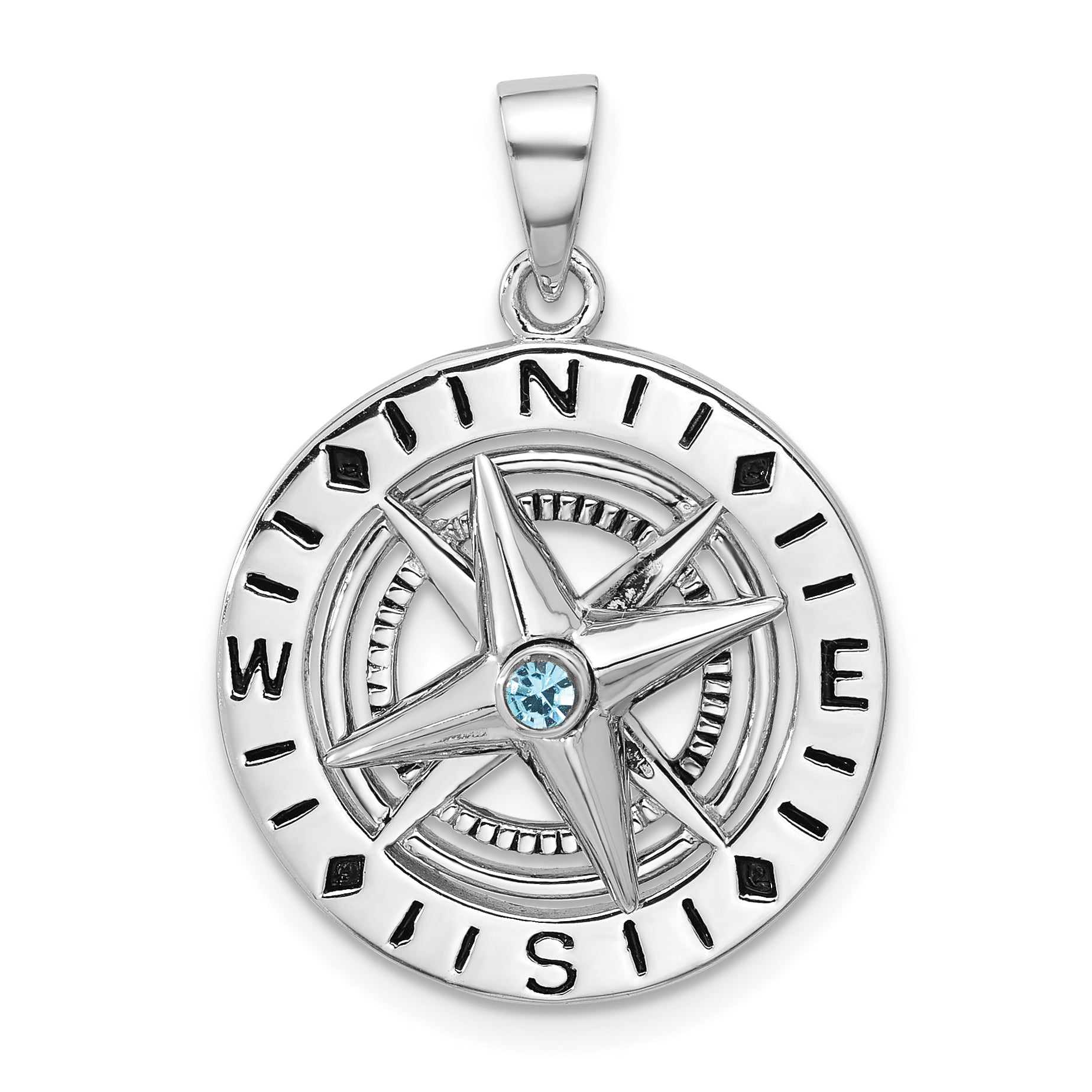 Sterling Silver Rhodium-Plated Polished Moveable Crystal Compass Pendant
