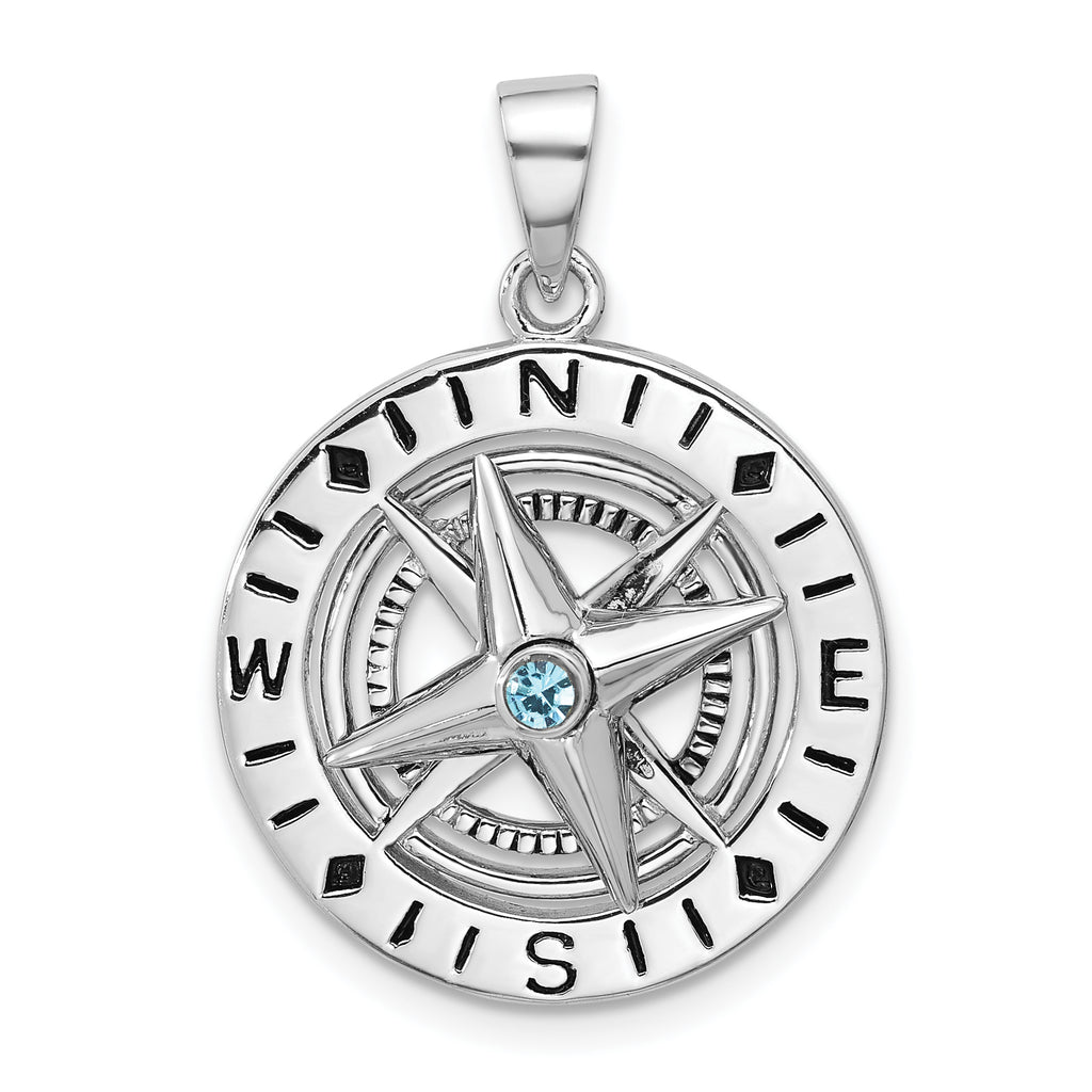 Sterling Silver Rhodium-Plated Polished Moveable Crystal Compass Pendant