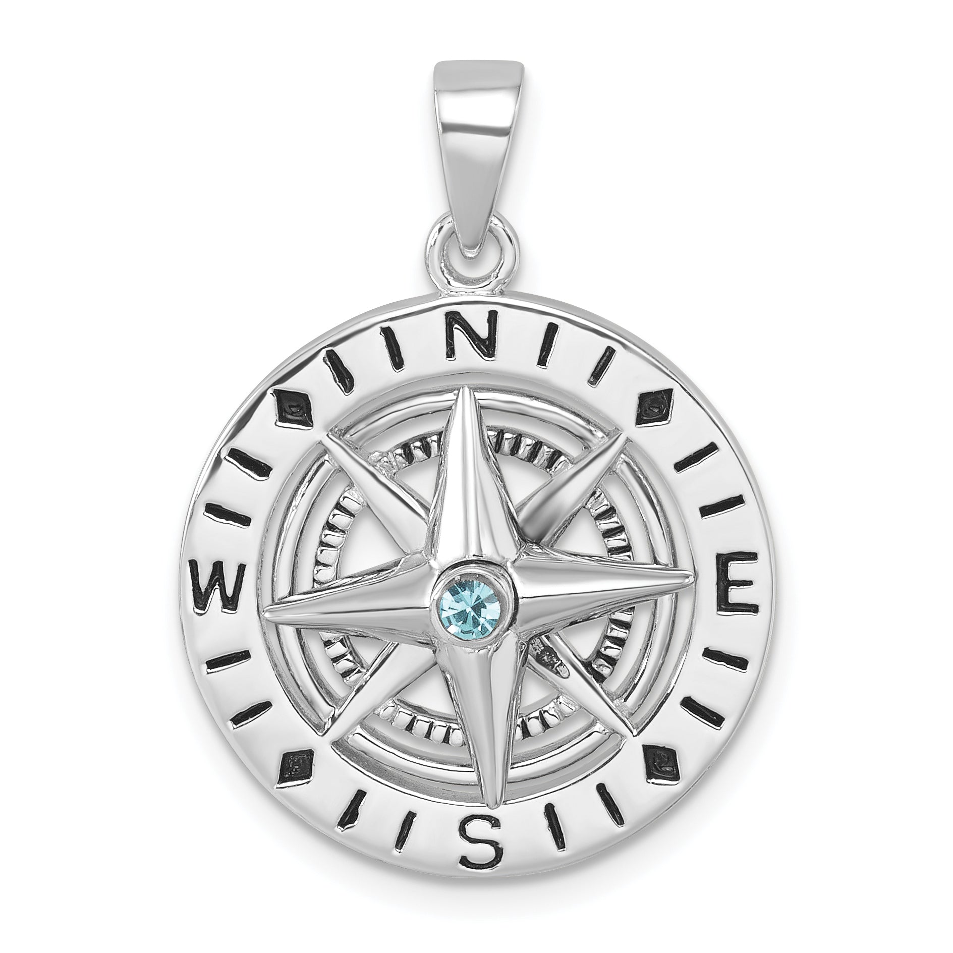 Sterling Silver Rhodium-Plated Polished Moveable Crystal Compass Pendant Main image