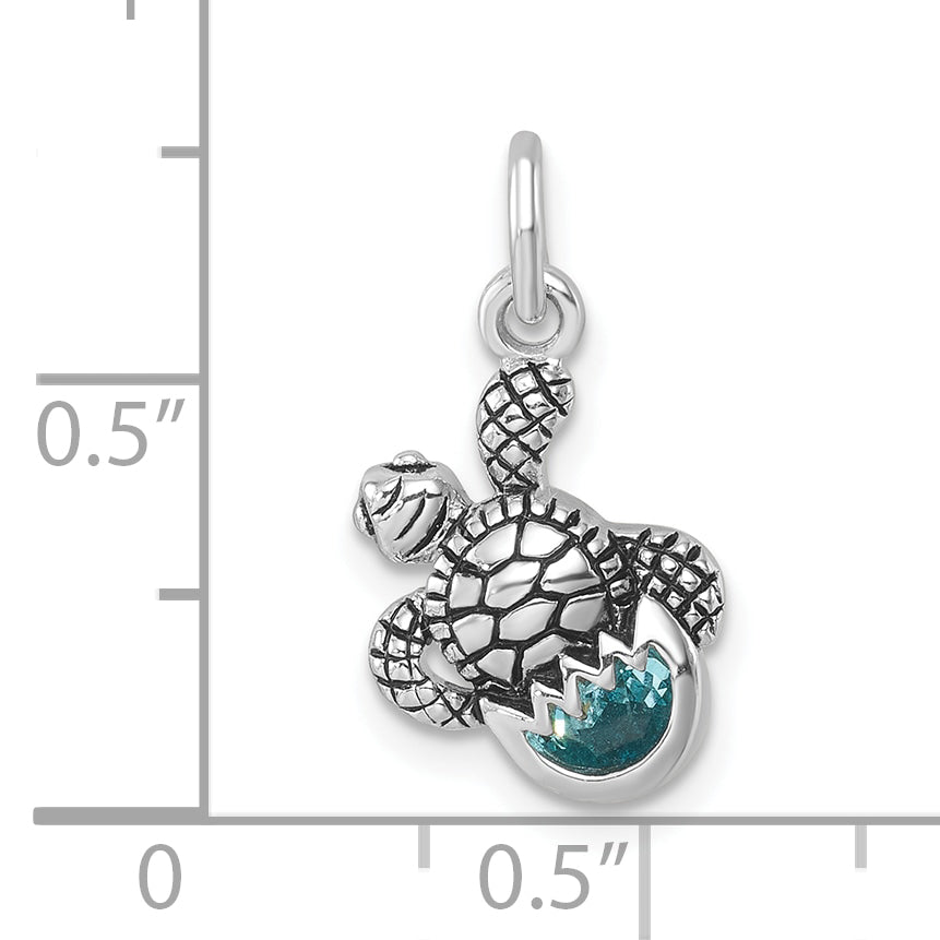 Sterling Silver Rhodium-Plated Antiqued Crystal Hatching Turtle Pendant