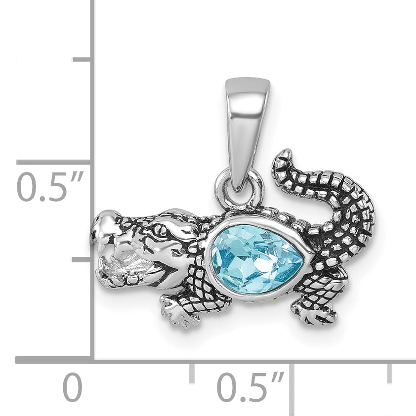 Sterling Silver Rhodium-plated Antiqued Crystal Inlay Alligator Pendant