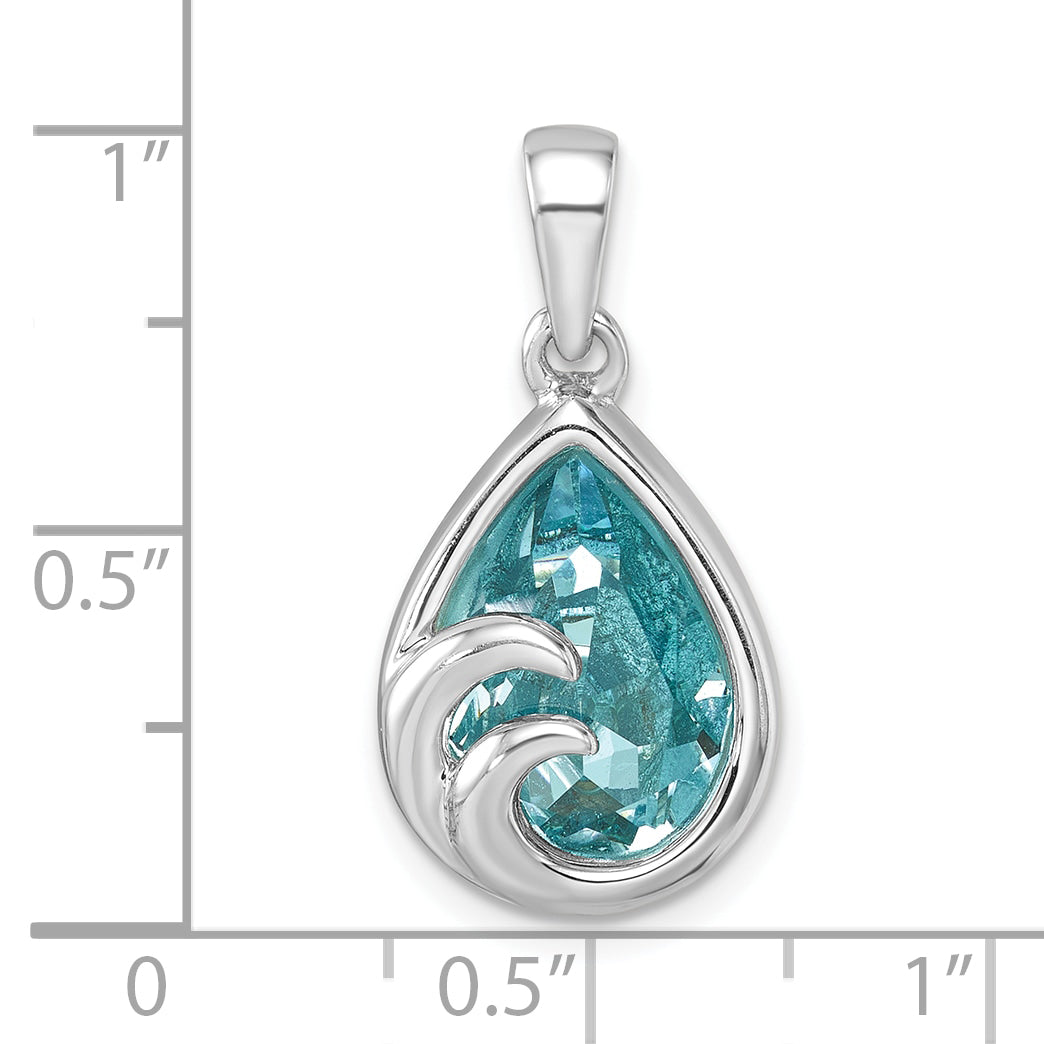 Sterling Silver Rhodium-Plated Polished Crystal Wave Tear Drop Pendant