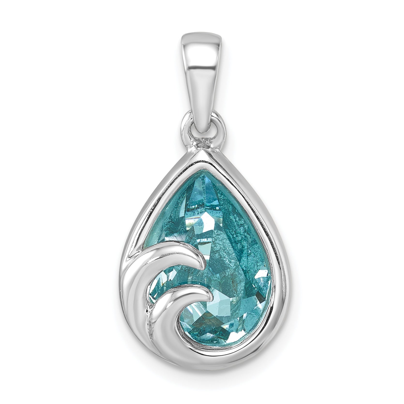 Sterling Silver Rhodium-Plated Polished Crystal Wave Tear Drop Pendant Main image