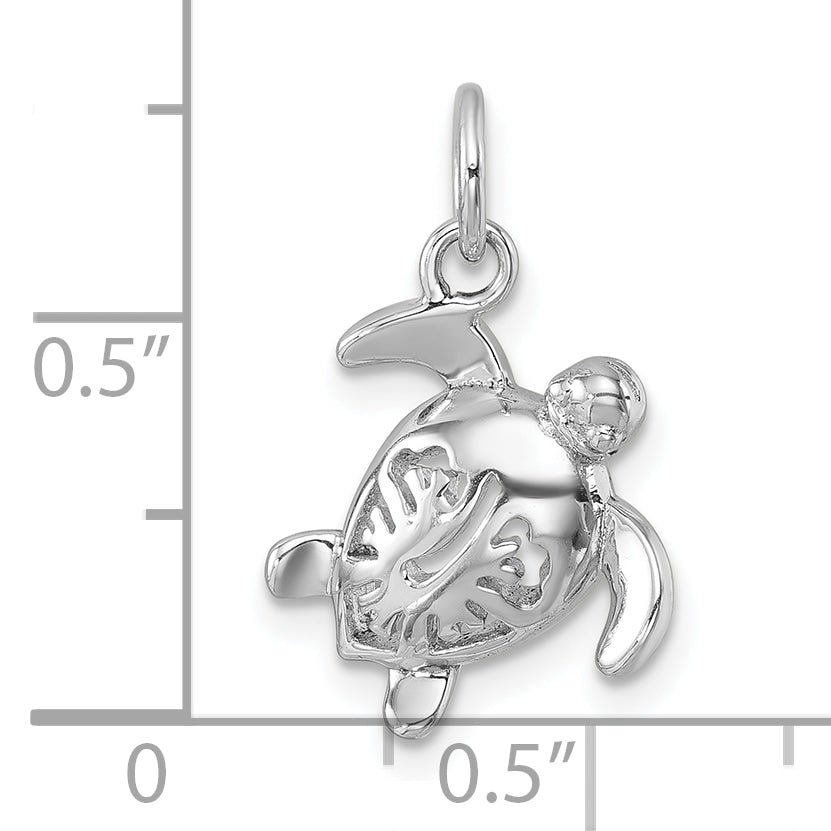 Sterling Silver Rhodium-Plated Tiny Turtle with Flower Back Pendant
