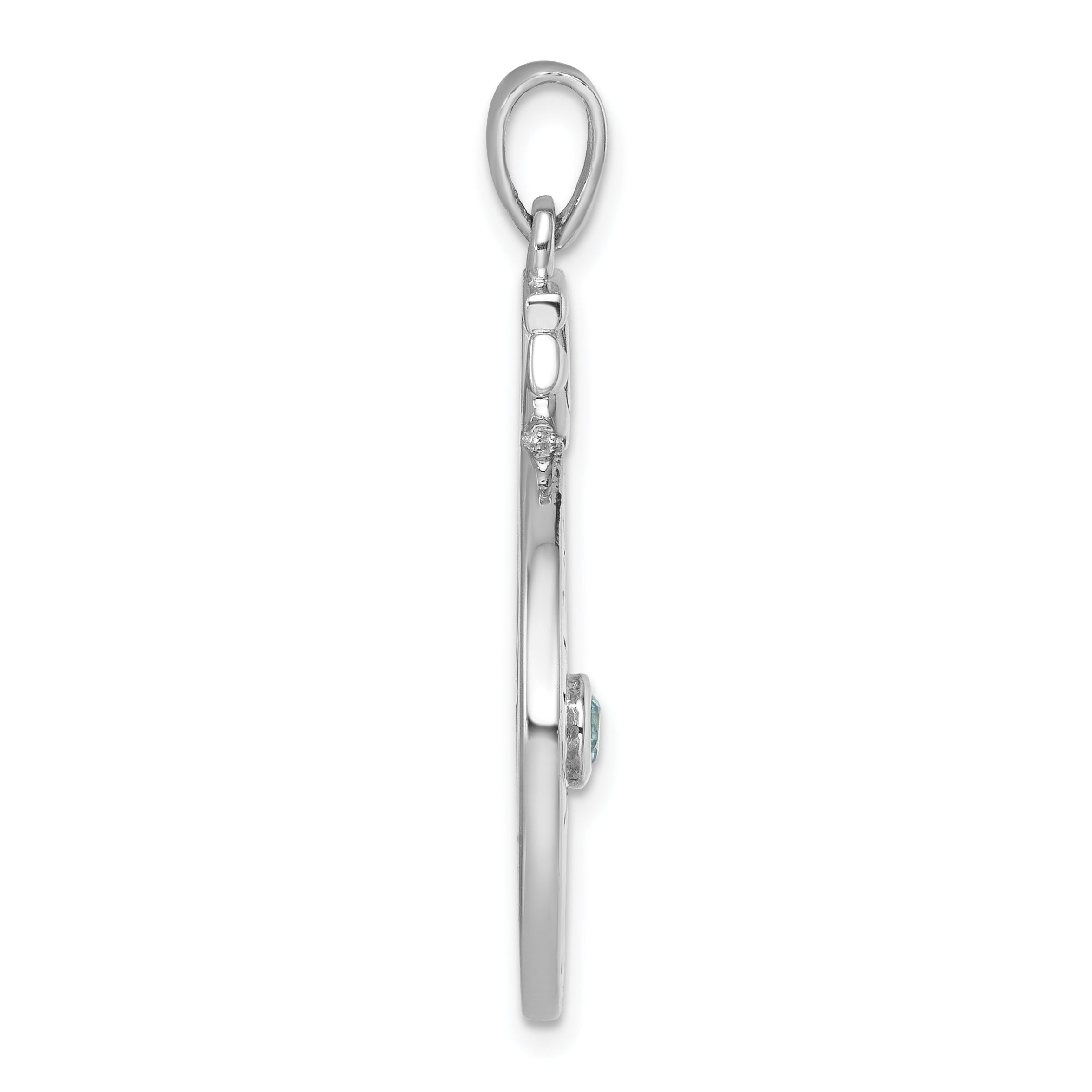 Sterling Silver Rhodium-plated Blue CZ Compass Rose with Small Anchor Pendant