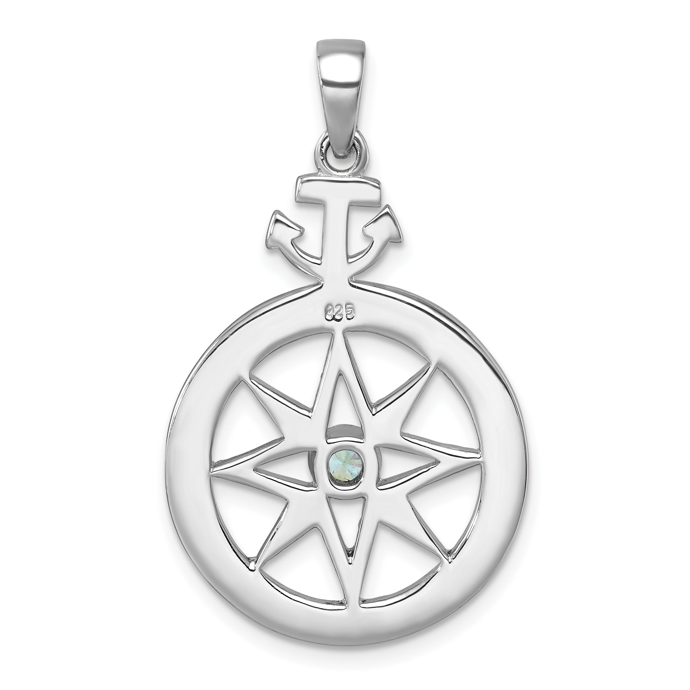 Sterling Silver Rhodium-plated Blue CZ Compass Rose with Small Anchor Pendant