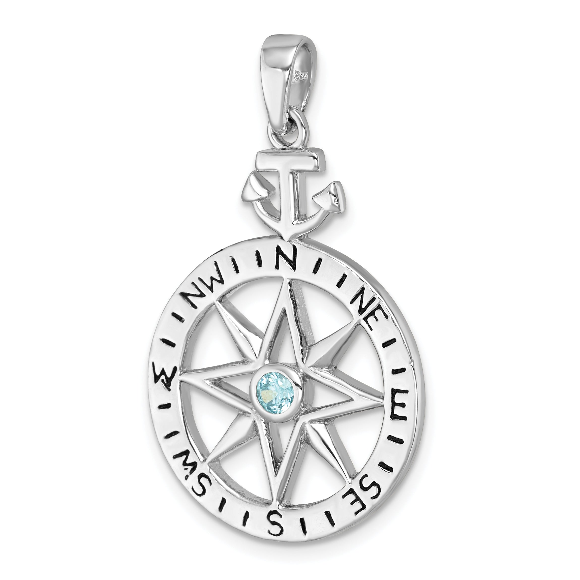 Sterling Silver Rhodium-plated Blue CZ Compass Rose with Small Anchor Pendant
