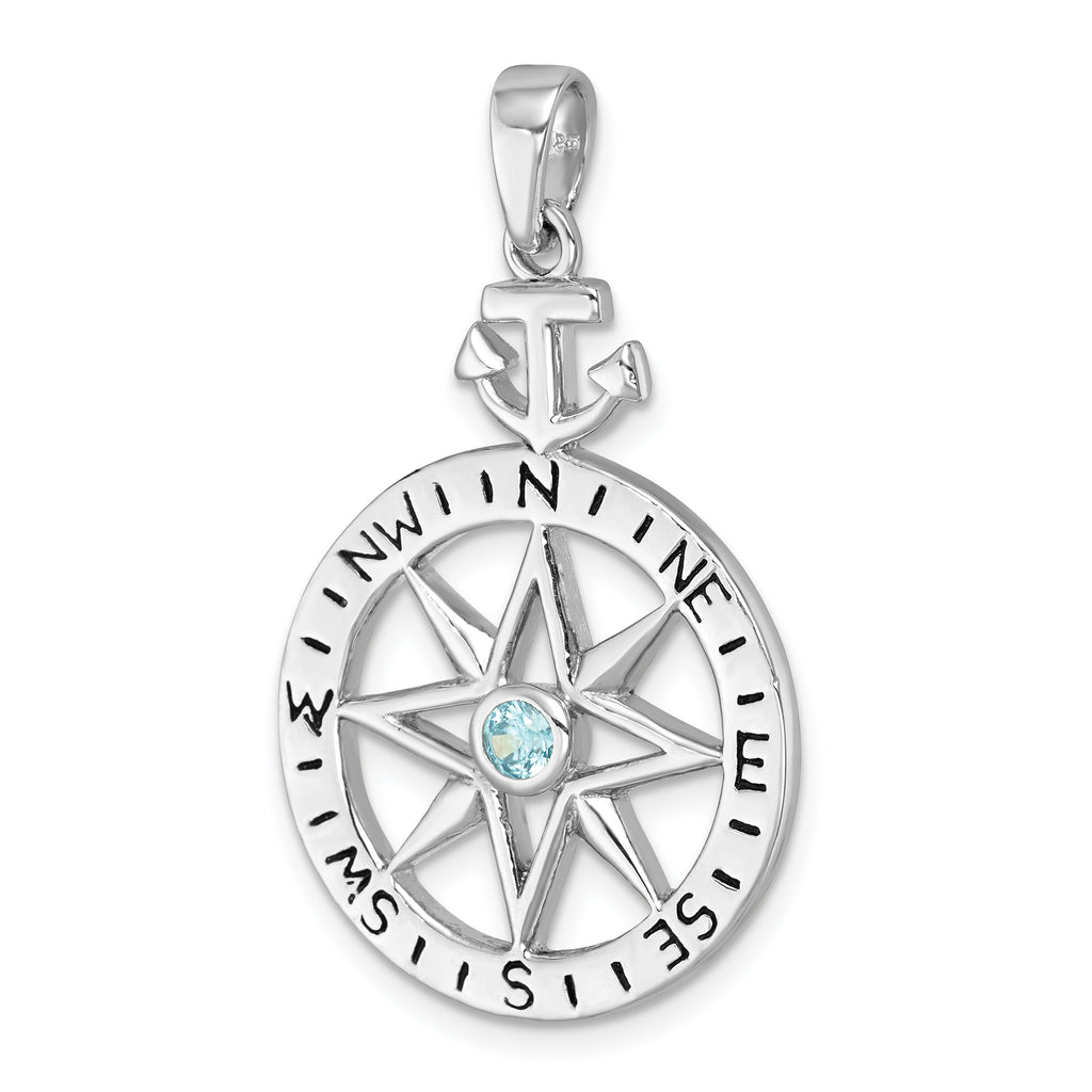 Sterling Silver Rhodium-plated Blue CZ Compass Rose with Small Anchor Pendant