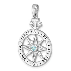 Sterling Silver Rhodium-plated Blue CZ Compass Rose with Small Anchor Pendant