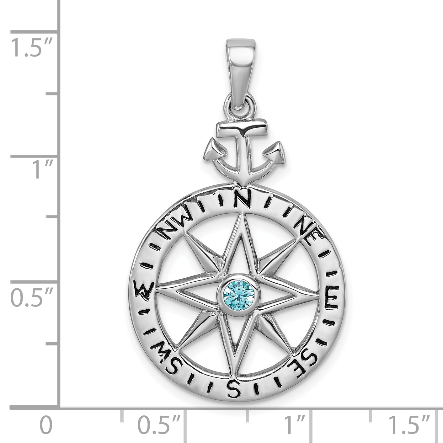 Sterling Silver Rhodium-plated Blue CZ Compass Rose with Small Anchor Pendant