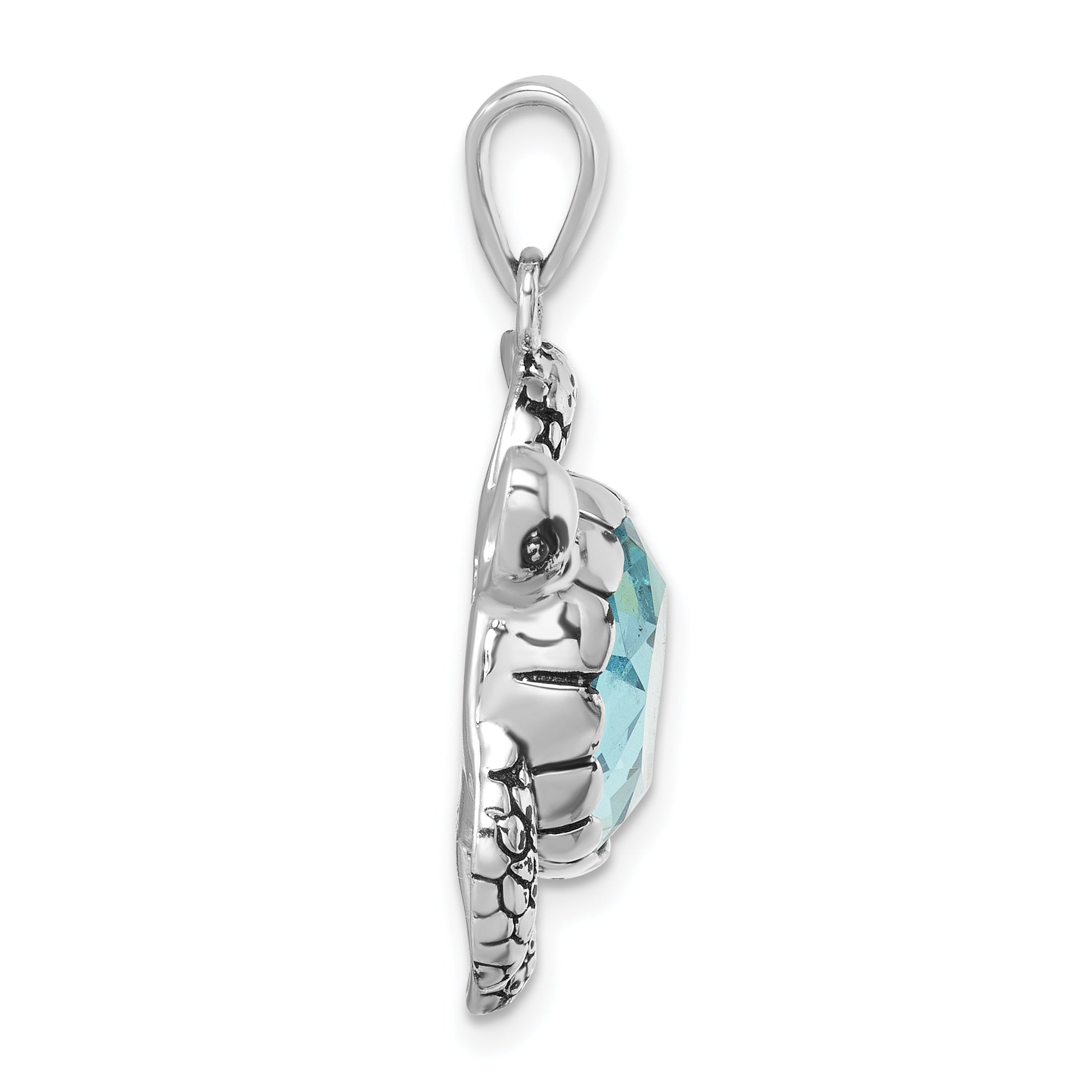 Sterling Silver Rhodium-plated Antiqued Blue Crystal Turtle Pendant Secondary image
