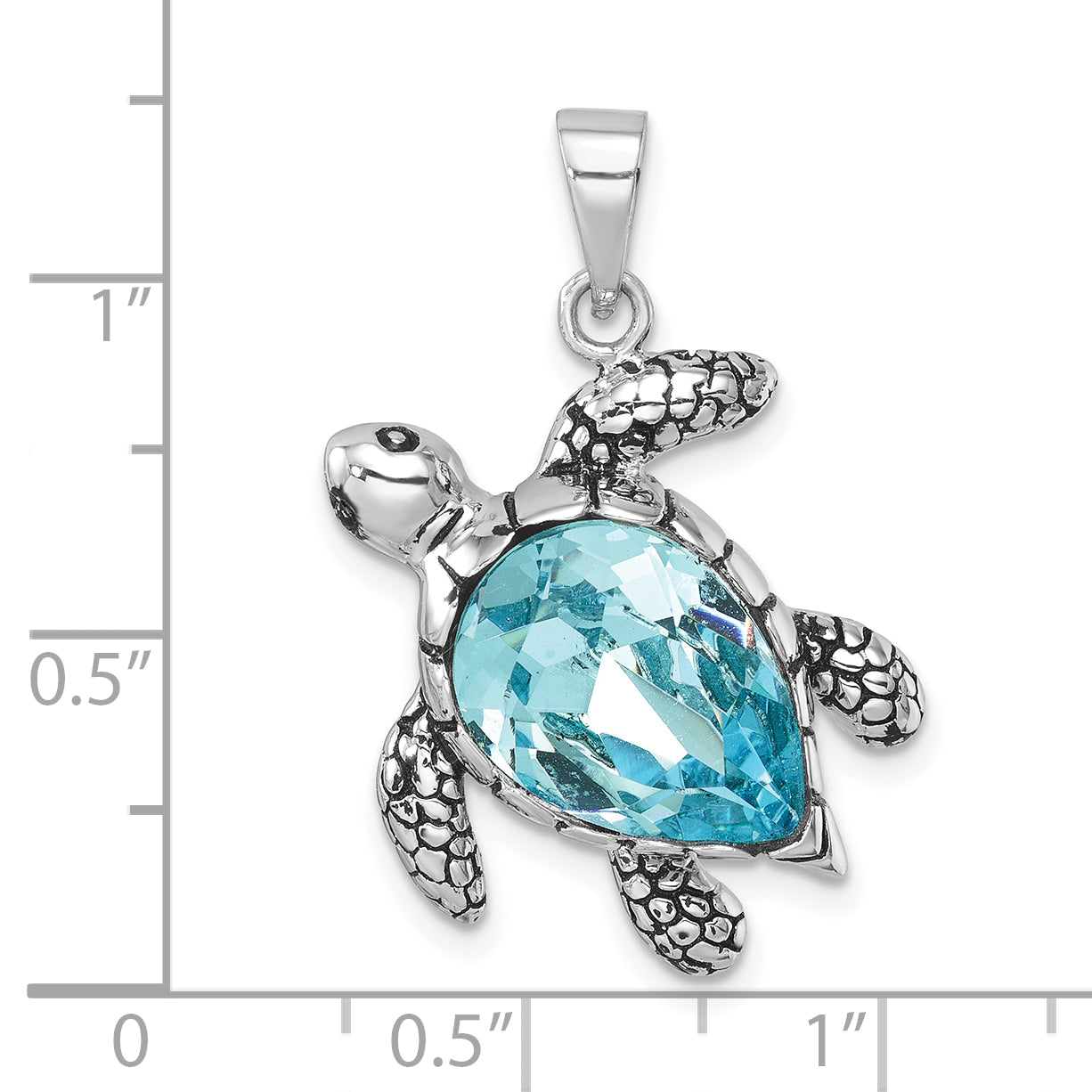 Sterling Silver Rhodium-plated Antiqued Blue Crystal Turtle Pendant