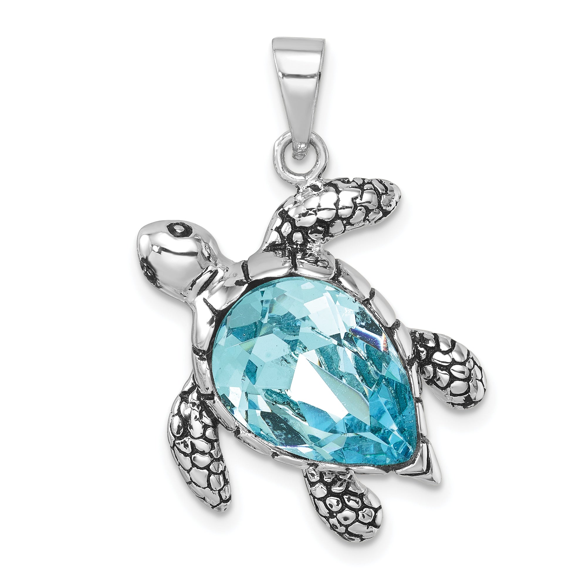 Sterling Silver Rhodium-plated Antiqued Blue Crystal Turtle Pendant Main image