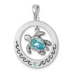 Sterling Silver Rhodium-plated Antiqued Round Moveable Crystal Turtle Pendant