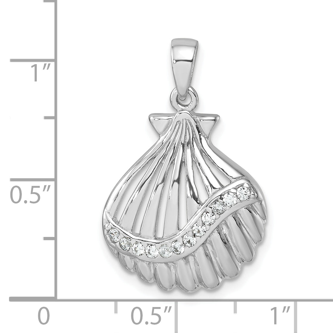 Sterling Silver Rhodium-plated Polished CZ Scallop Shell Pendant