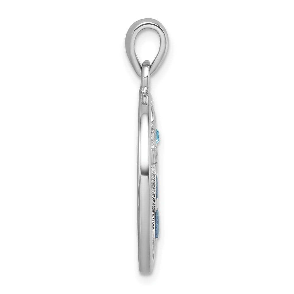 Sterling Silver Rhodium-Plated Polished Oval Adventurine and CZ Lighthouse Pendant