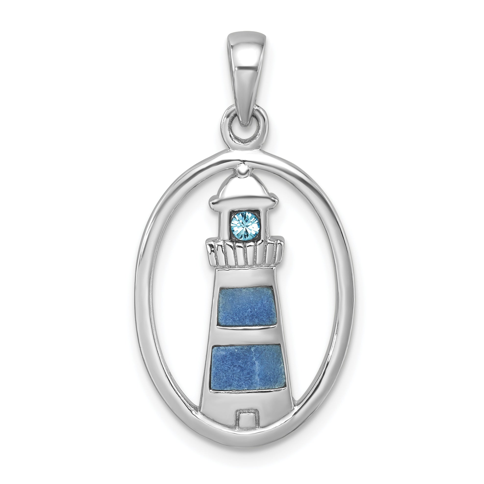 Sterling Silver Rhodium-Plated Polished Oval Adventurine and CZ Lighthouse Pendant Main image
