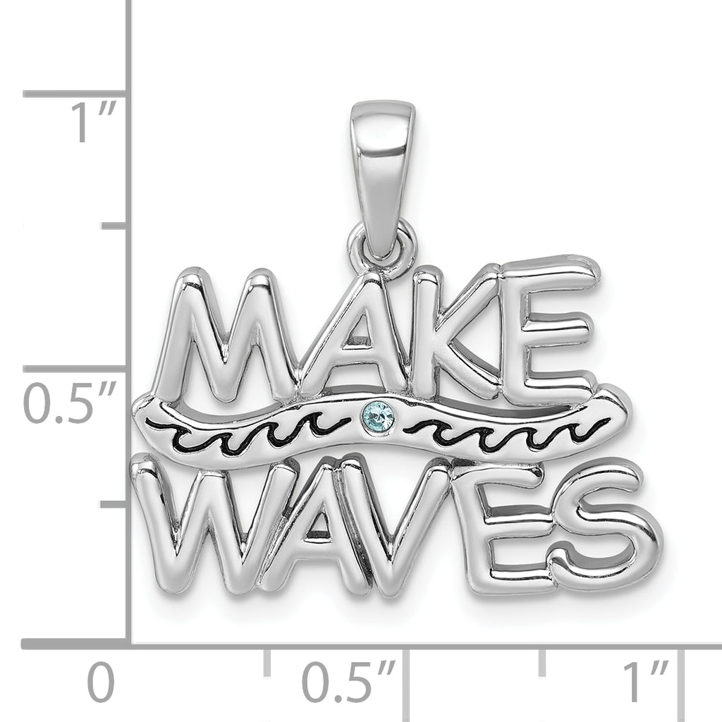 Sterling Silver Rhodium-Plated Polished 'Make Waves' with Crystal Pendant
