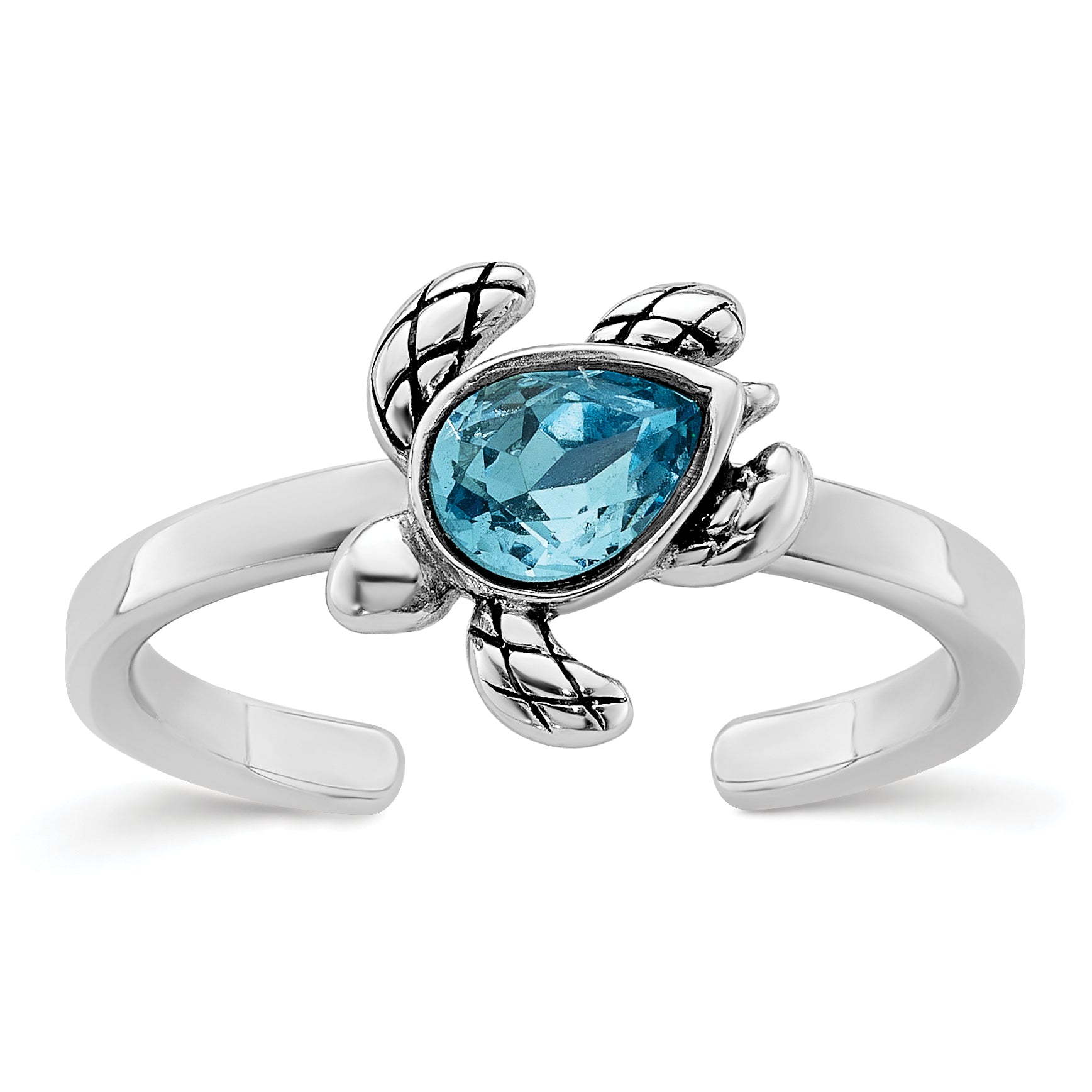Sterling Silver Rhodium-plated Antiqued Adjustable Turtle Crystal Inlay Ring Main image