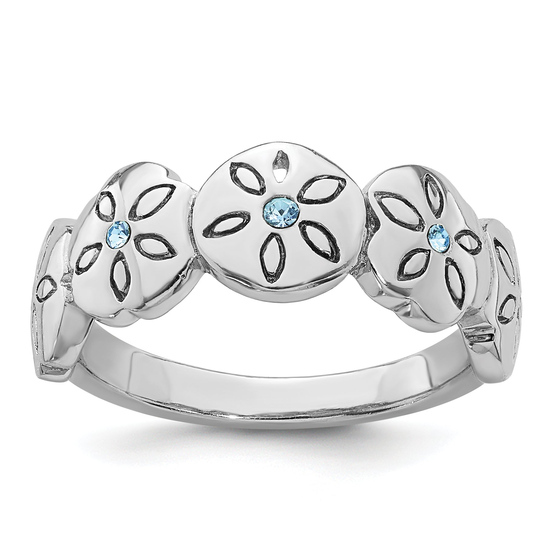 Sterling Silver Rhodium-plated Polished Blue Crystal 5 Sand Dollar Ring Main image