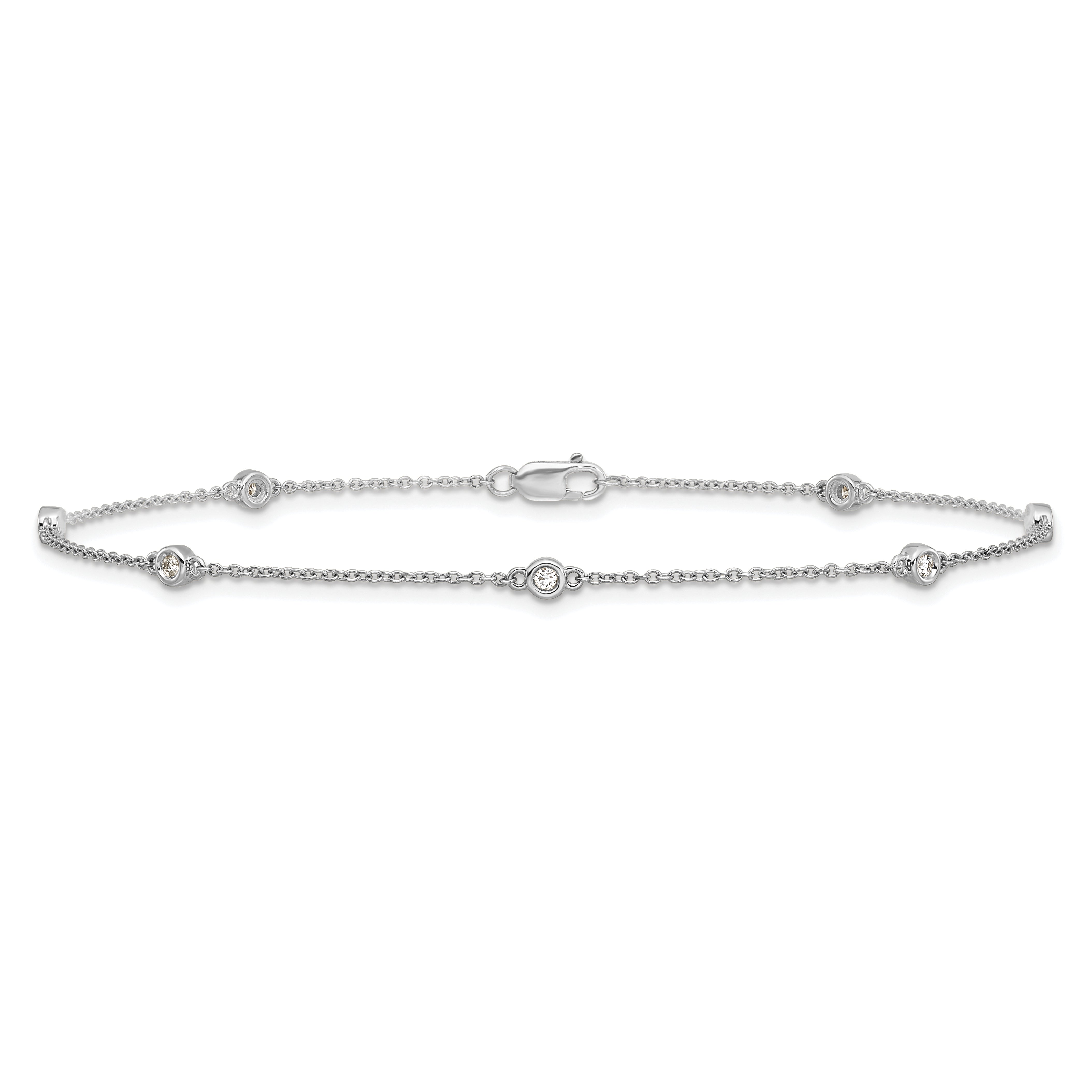 14k White Gold Complete 1/8 carat Bezel-set Diamond and Cable Chain 7-Station 9 inch Anklet