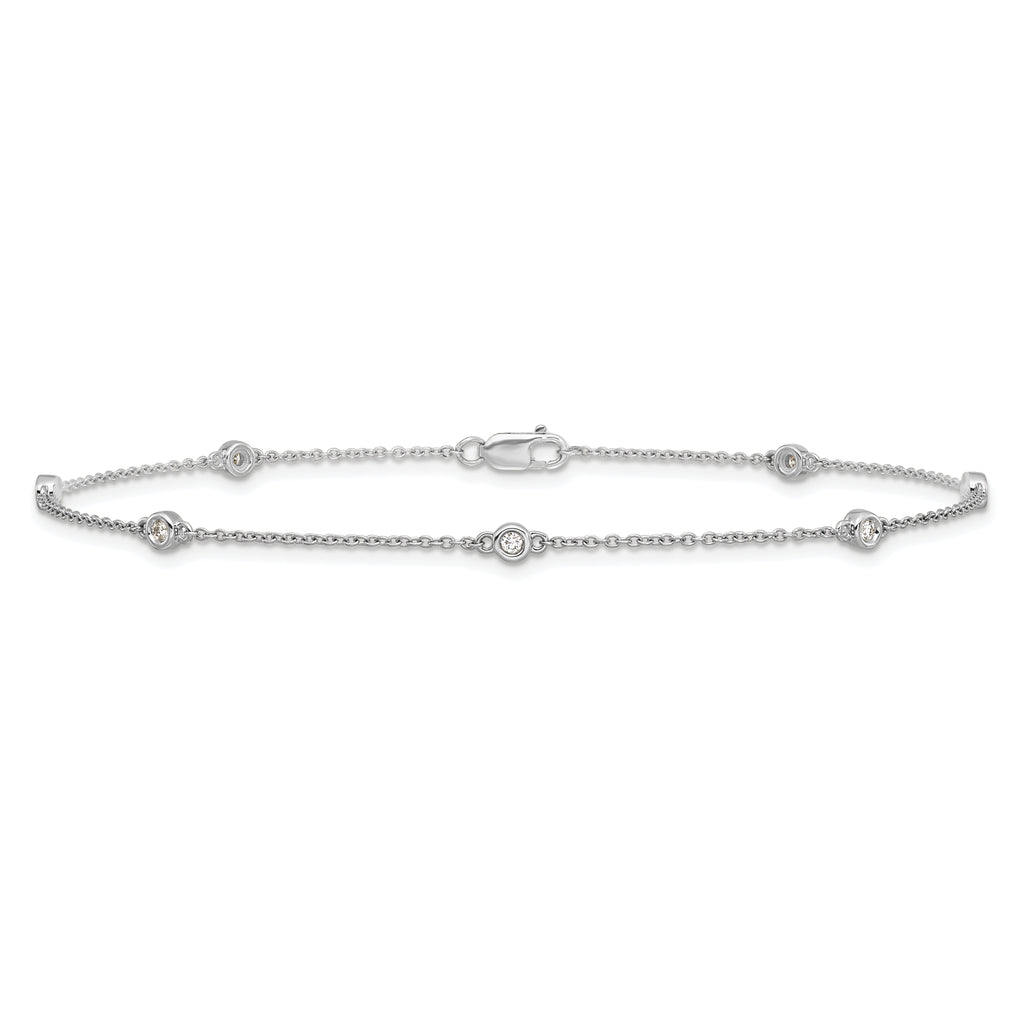 14k White Gold Complete 1/8 carat Bezel-set Diamond and Cable Chain 7-Station 9 inch Anklet