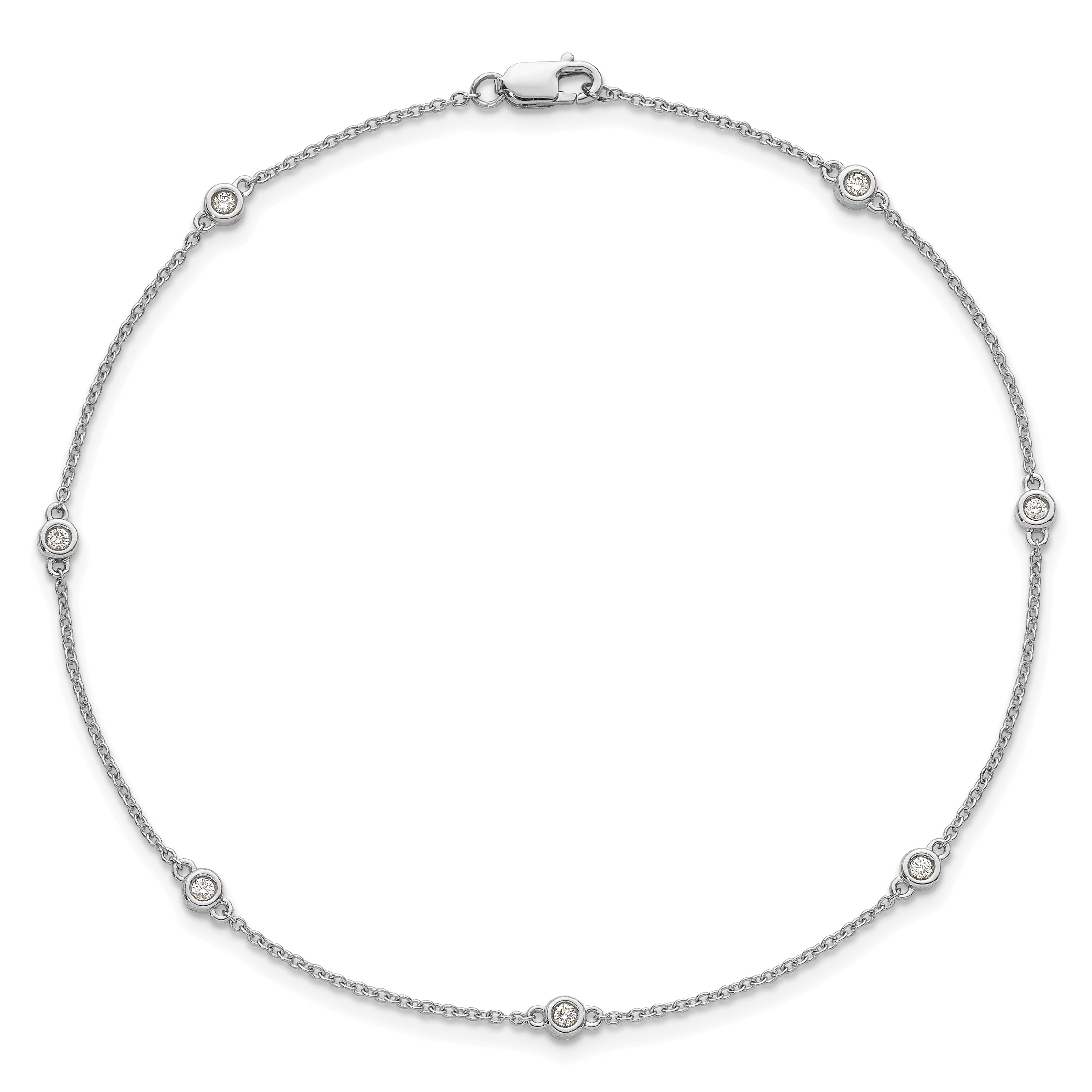 14k White Gold Complete 1/8 carat Bezel-set Diamond and Cable Chain 7-Station 9 inch Anklet