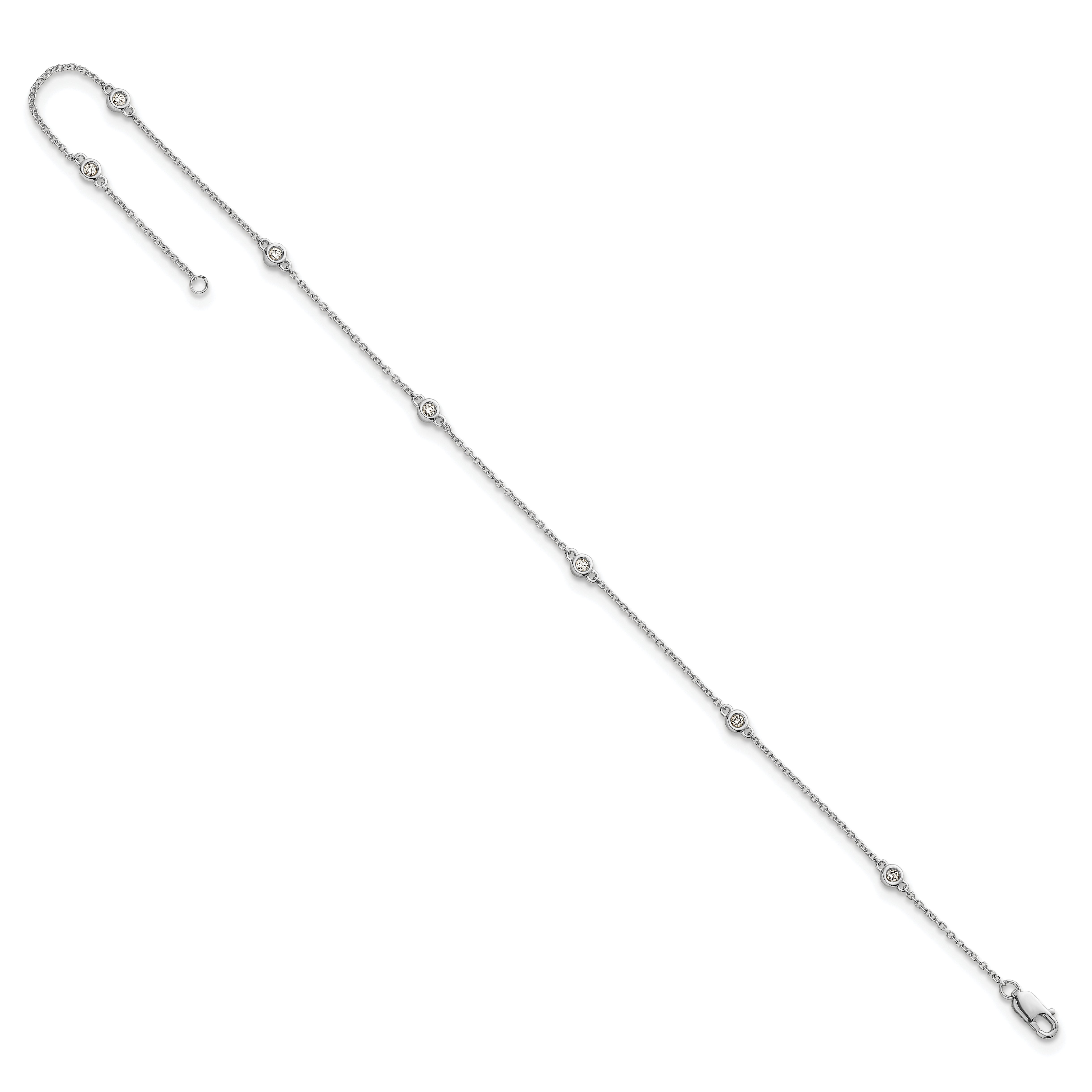 14k White Gold Complete 1/8 carat Bezel-set Diamond and Cable Chain 7-Station 9 inch Anklet