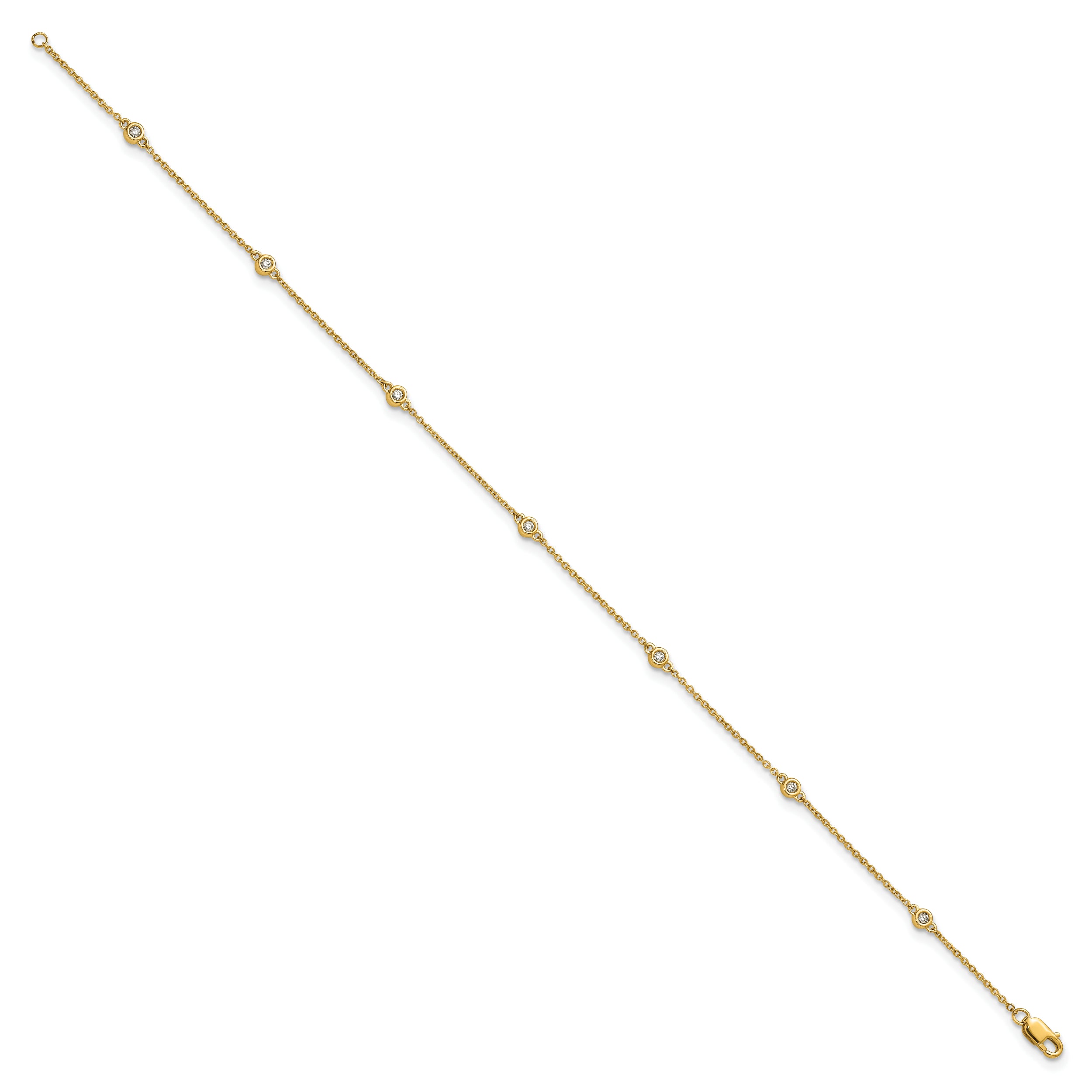 14k Complete 1/8 carat Bezel-set Diamond and Cable Chain 7-Station 9 inch Anklet