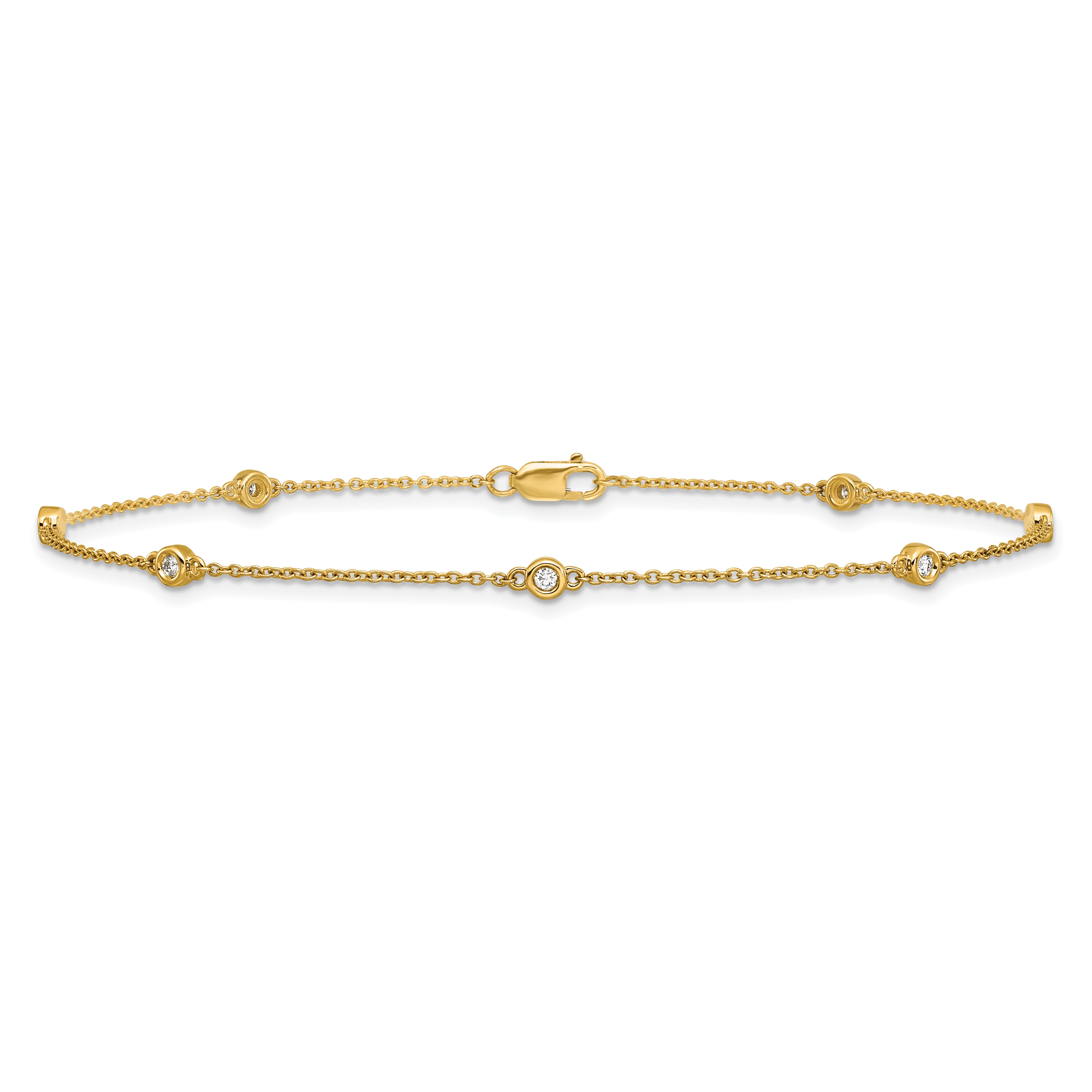 14k Complete 1/8 carat Bezel-set Diamond and Cable Chain 7-Station 9 inch Anklet
