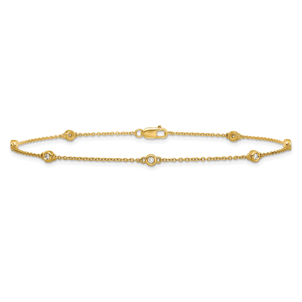 14k Complete 1/8 carat Bezel-set Diamond and Cable Chain 7-Station 9 inch Anklet
