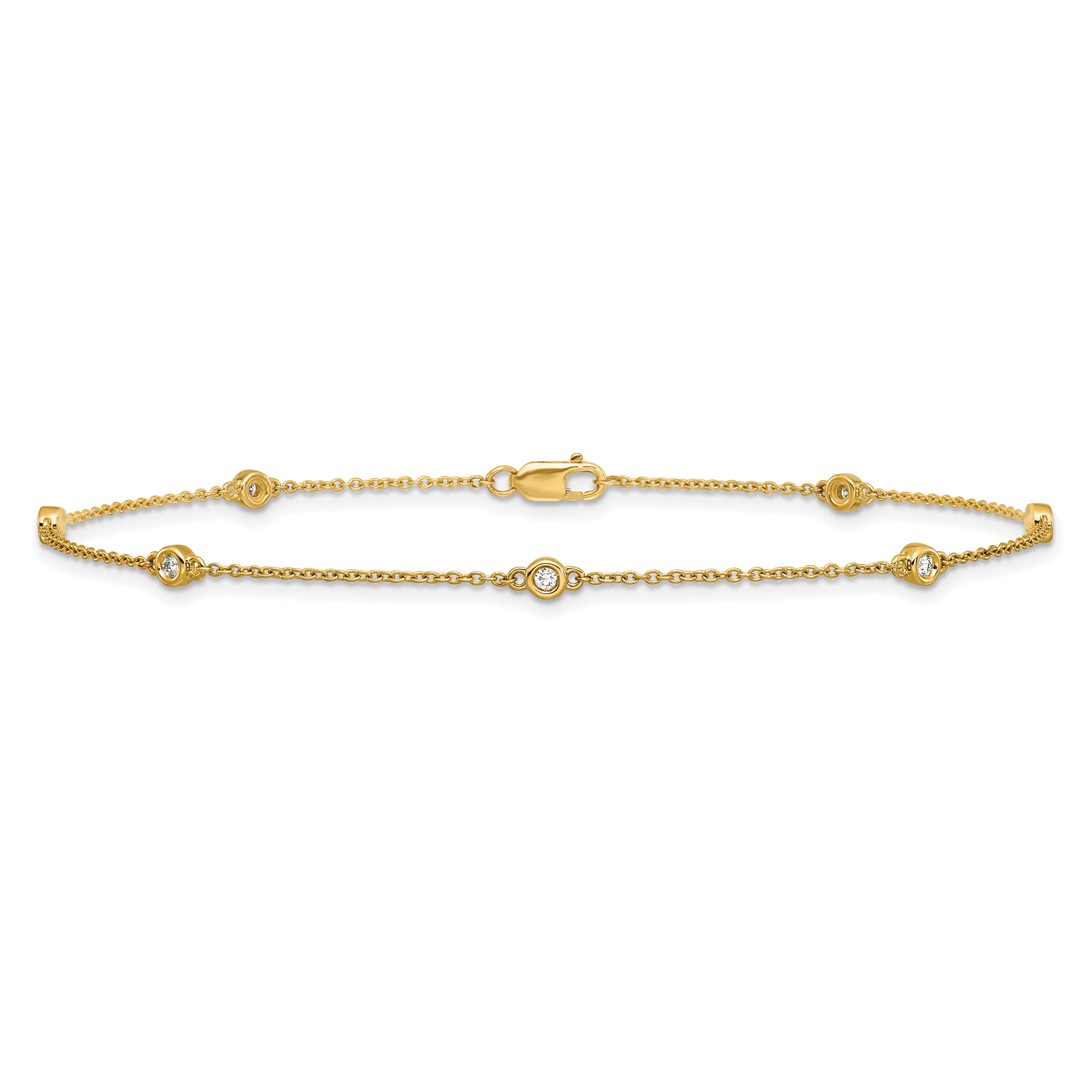 14k Complete 1/8 carat Bezel-set Diamond and Cable Chain 7-Station 9 inch Anklet