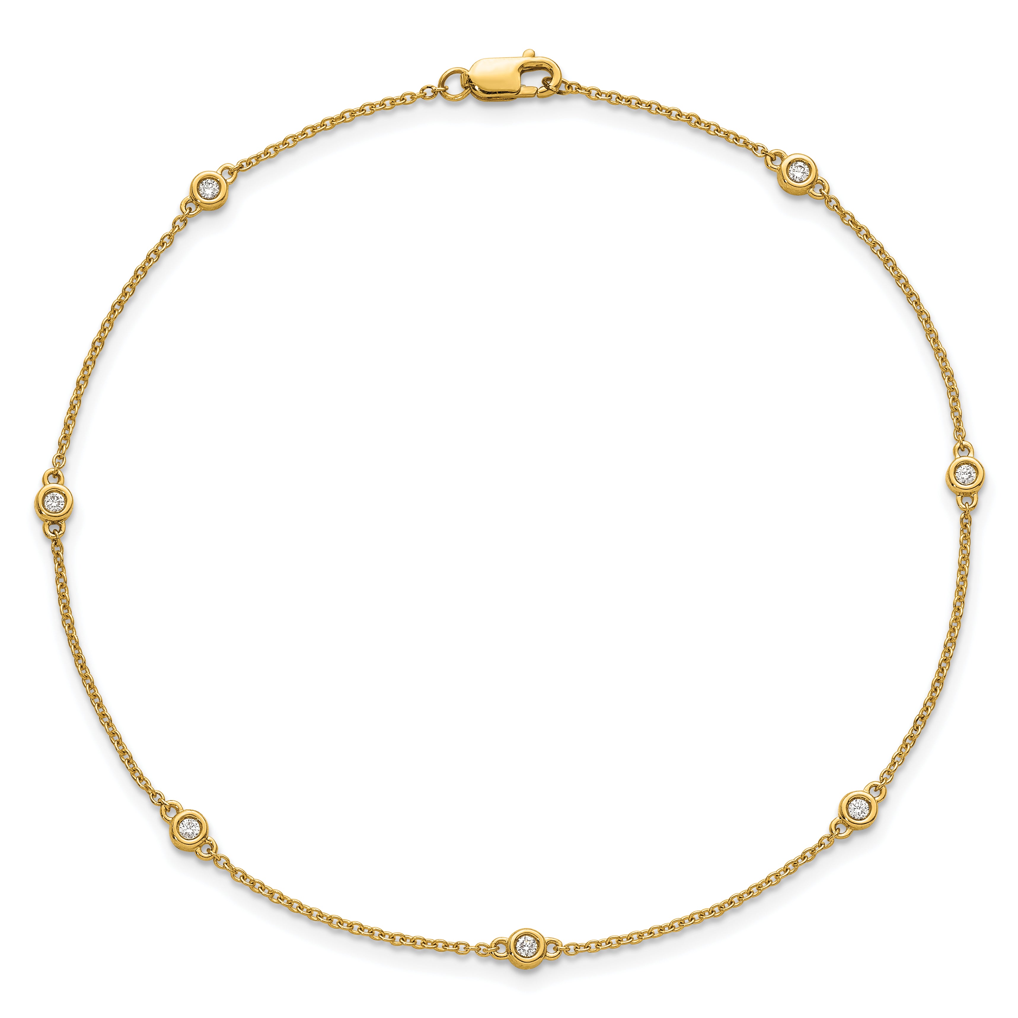 14k Complete 1/8 carat Bezel-set Diamond and Cable Chain 7-Station 9 inch Anklet