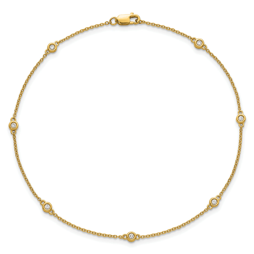 14k Complete 1/8 carat Bezel-set Diamond and Cable Chain 7-Station 9 inch Anklet