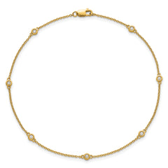 14k Complete 1/8 carat Bezel-set Diamond and Cable Chain 7-Station 9 inch Anklet
