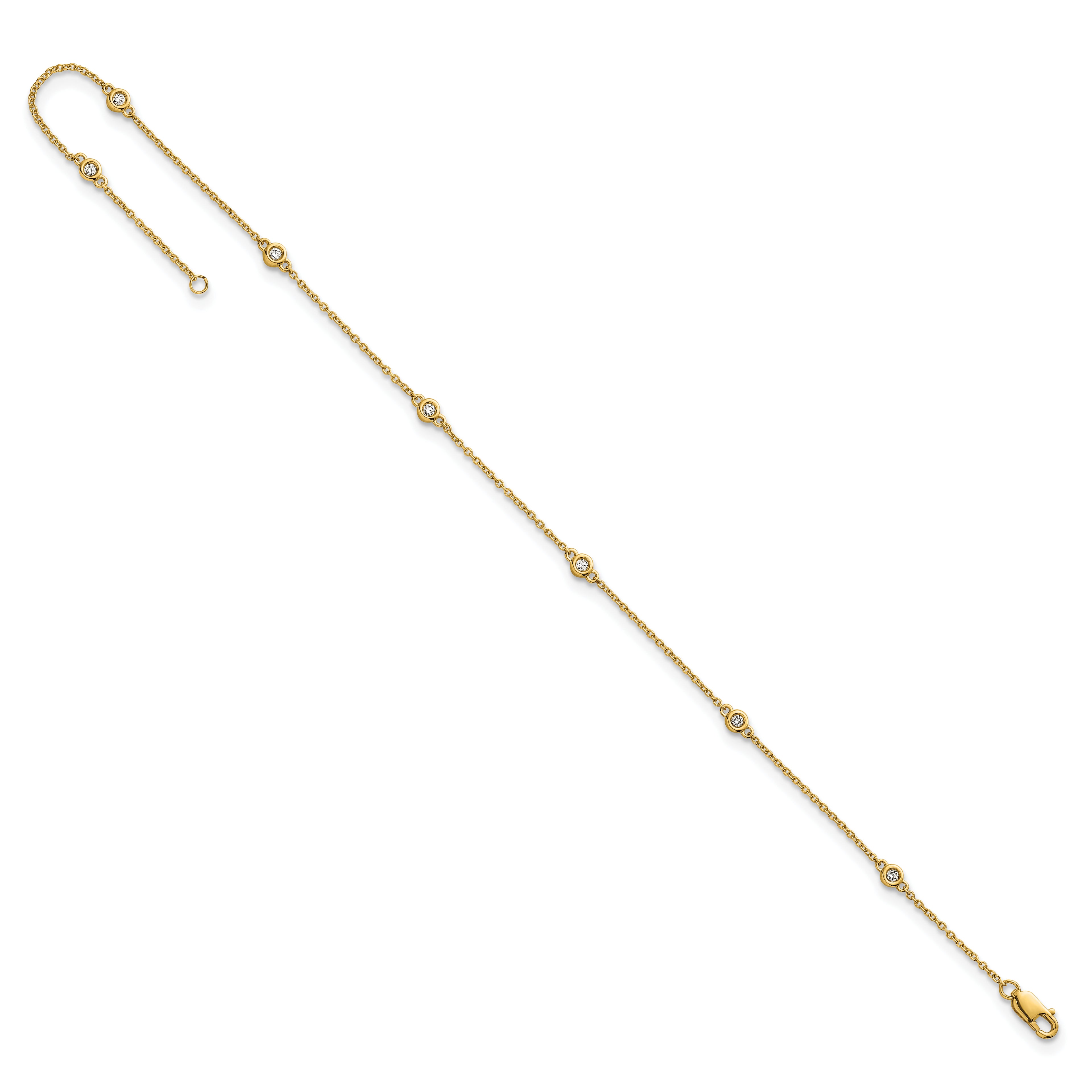 14k Complete 1/8 carat Bezel-set Diamond and Cable Chain 7-Station 9 inch Anklet