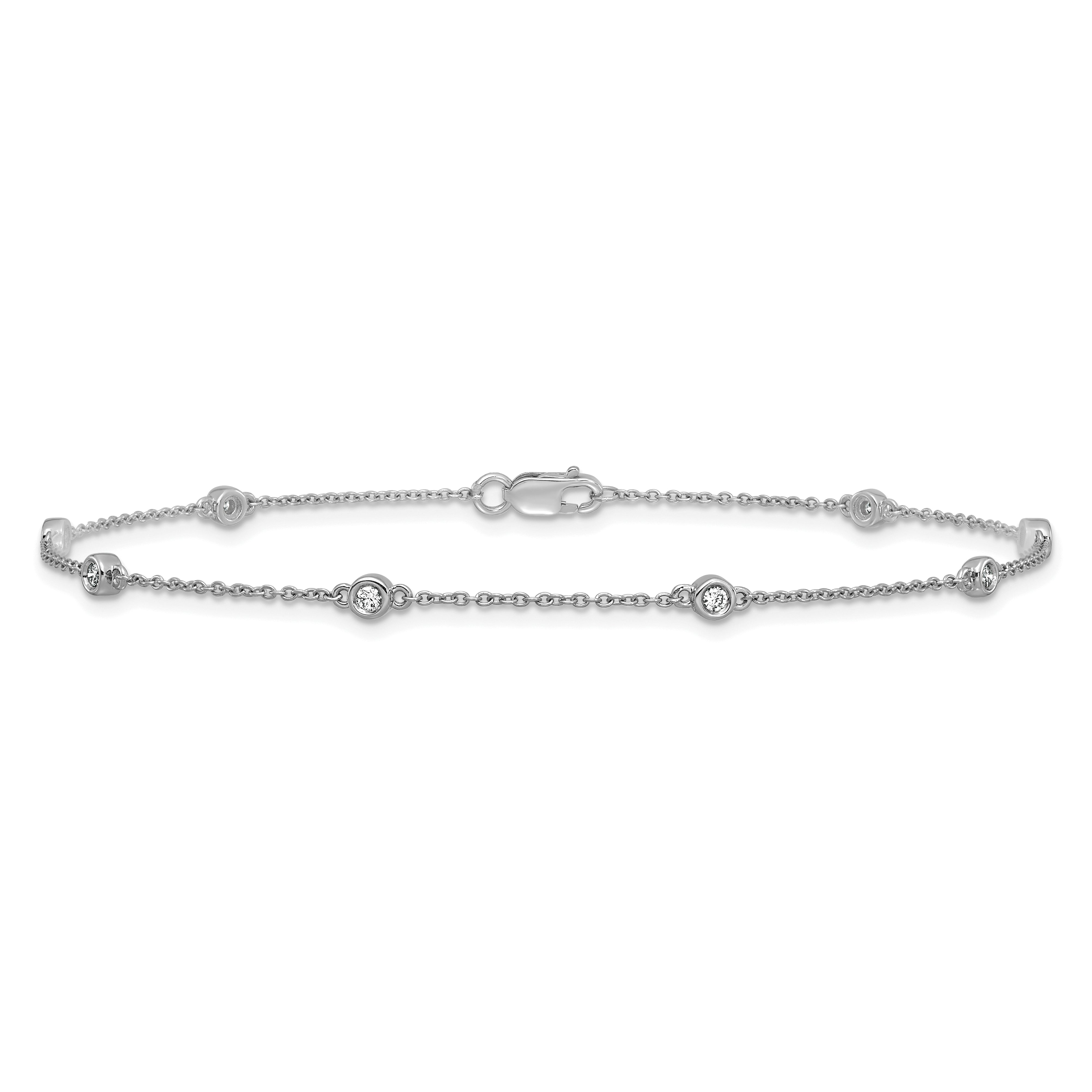 14k White Gold Complete 1/8 carat Bezel-set Diamond and Cable Chain 8-Station 9 inch Anklet