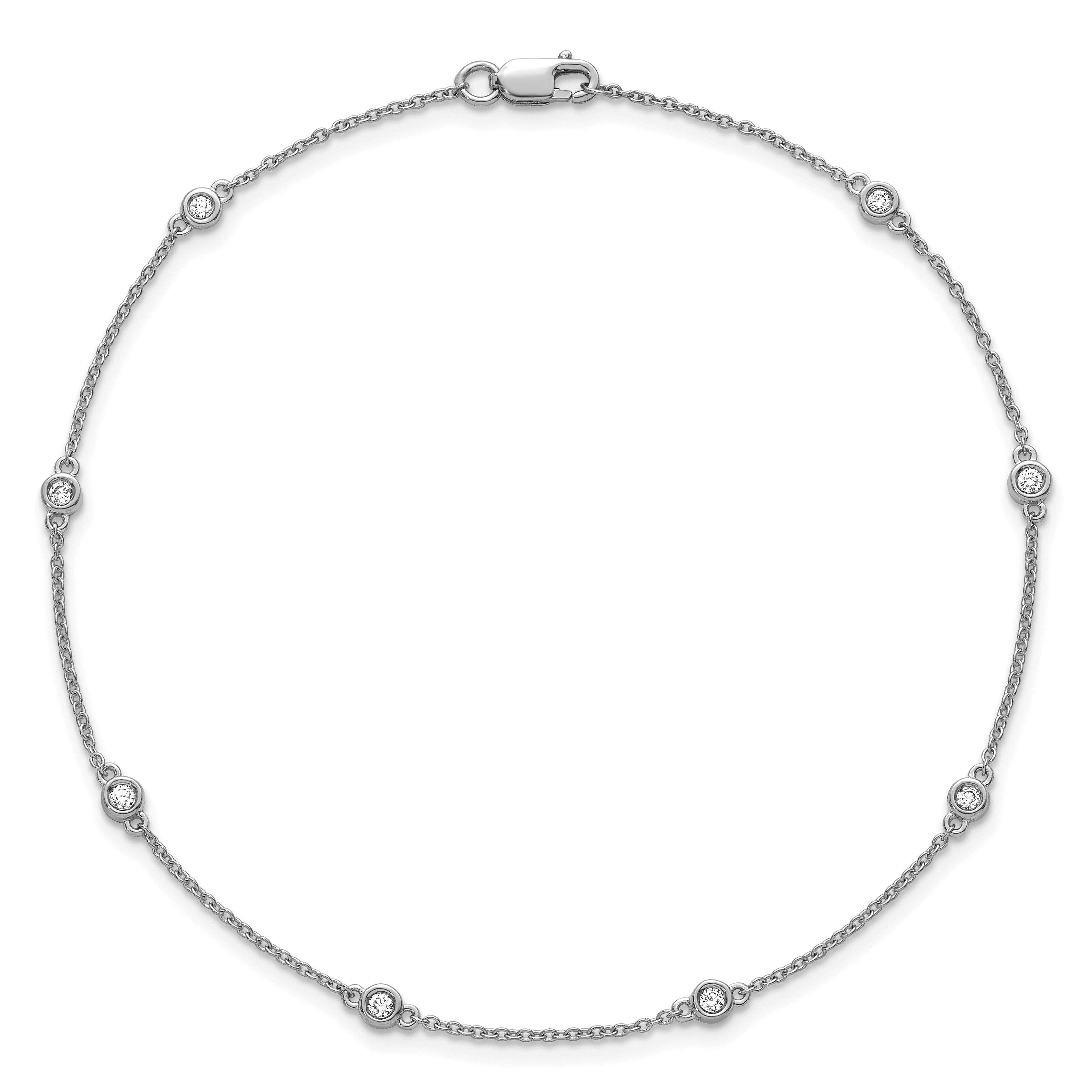 14k White Gold Complete 1/8 carat Bezel-set Diamond and Cable Chain 8-Station 9 inch Anklet