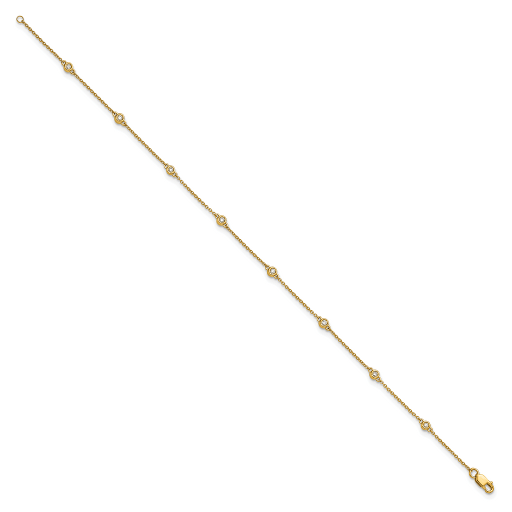 14k Complete 1/8 carat Bezel-set Diamond and Cable Chain 8-Station 9 inch Anklet