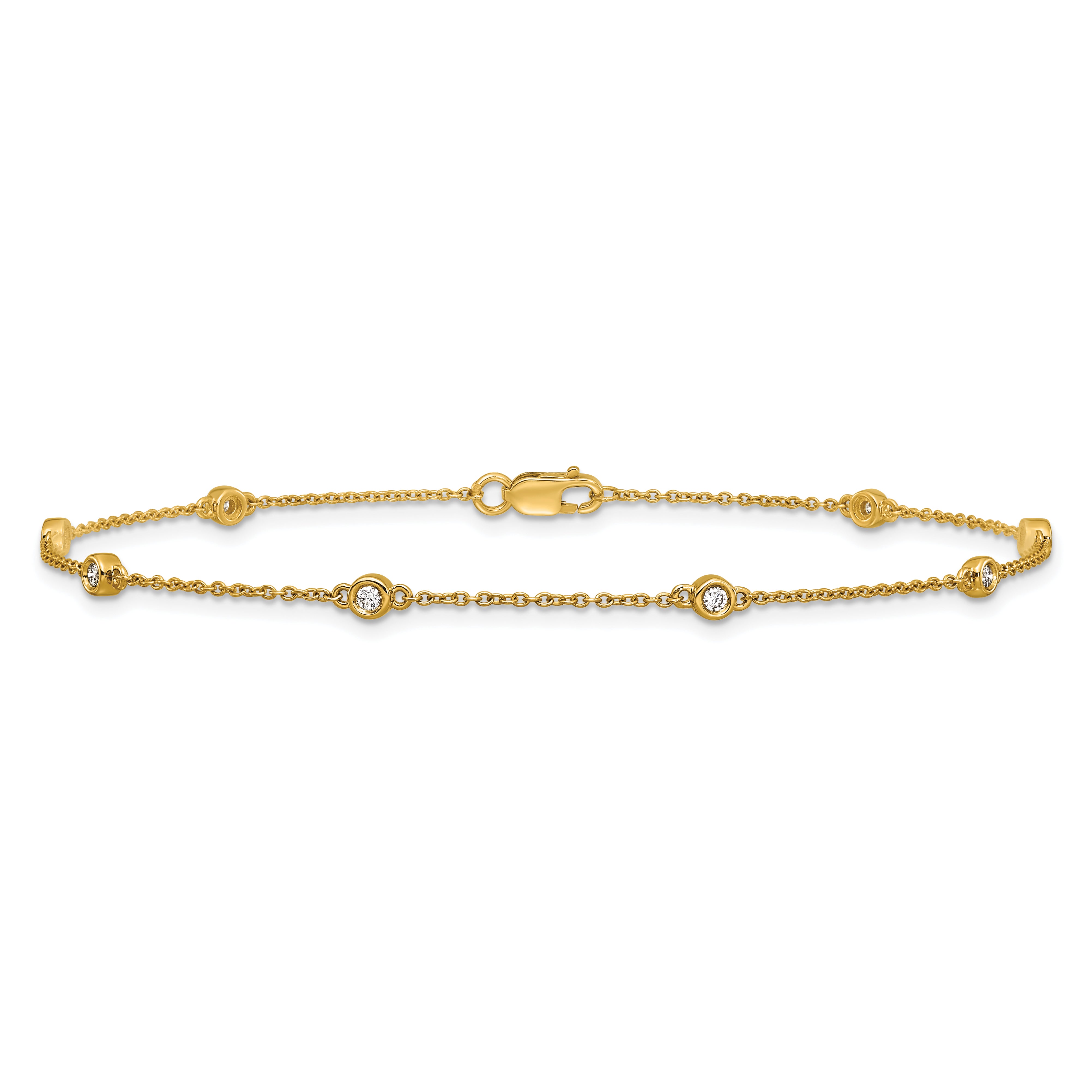 14k Complete 1/8 carat Bezel-set Diamond and Cable Chain 8-Station 9 inch Anklet