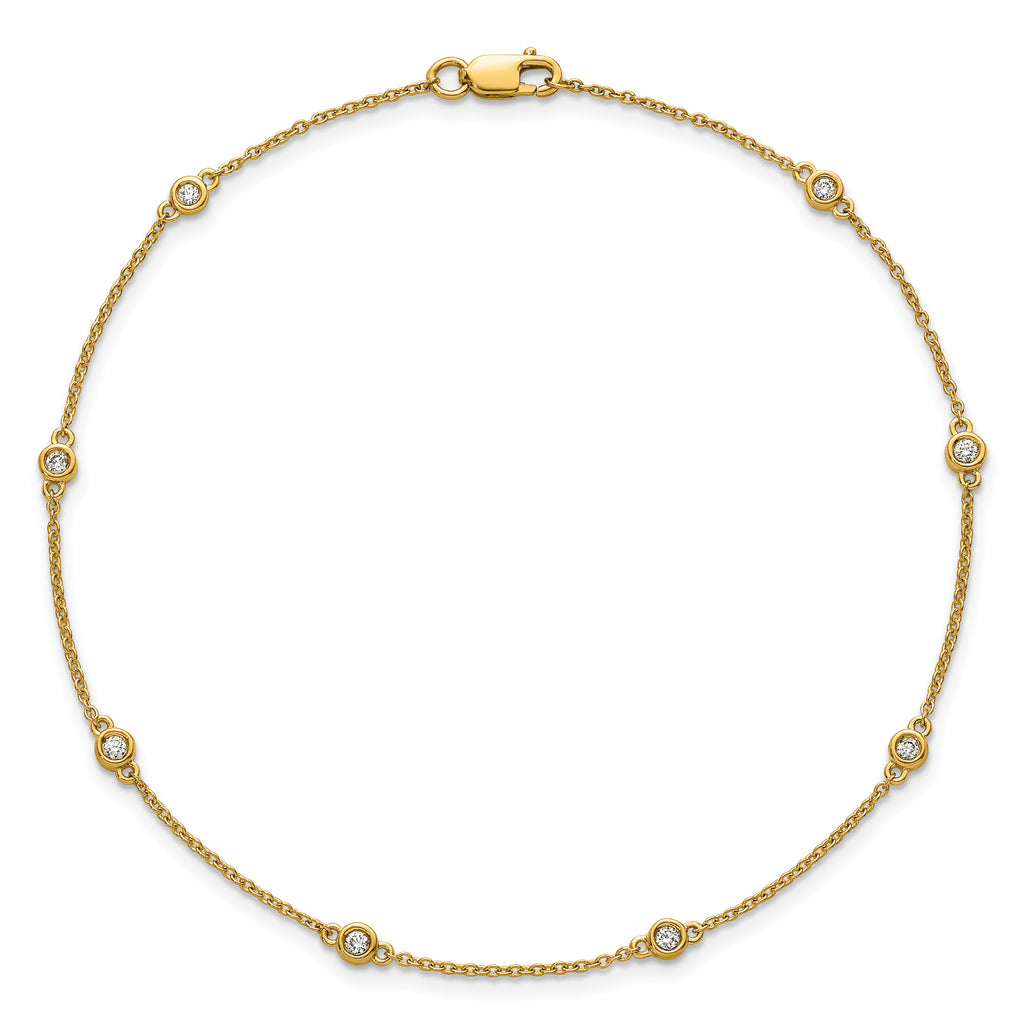 14k Complete 1/8 carat Bezel-set Diamond and Cable Chain 8-Station 9 inch Anklet