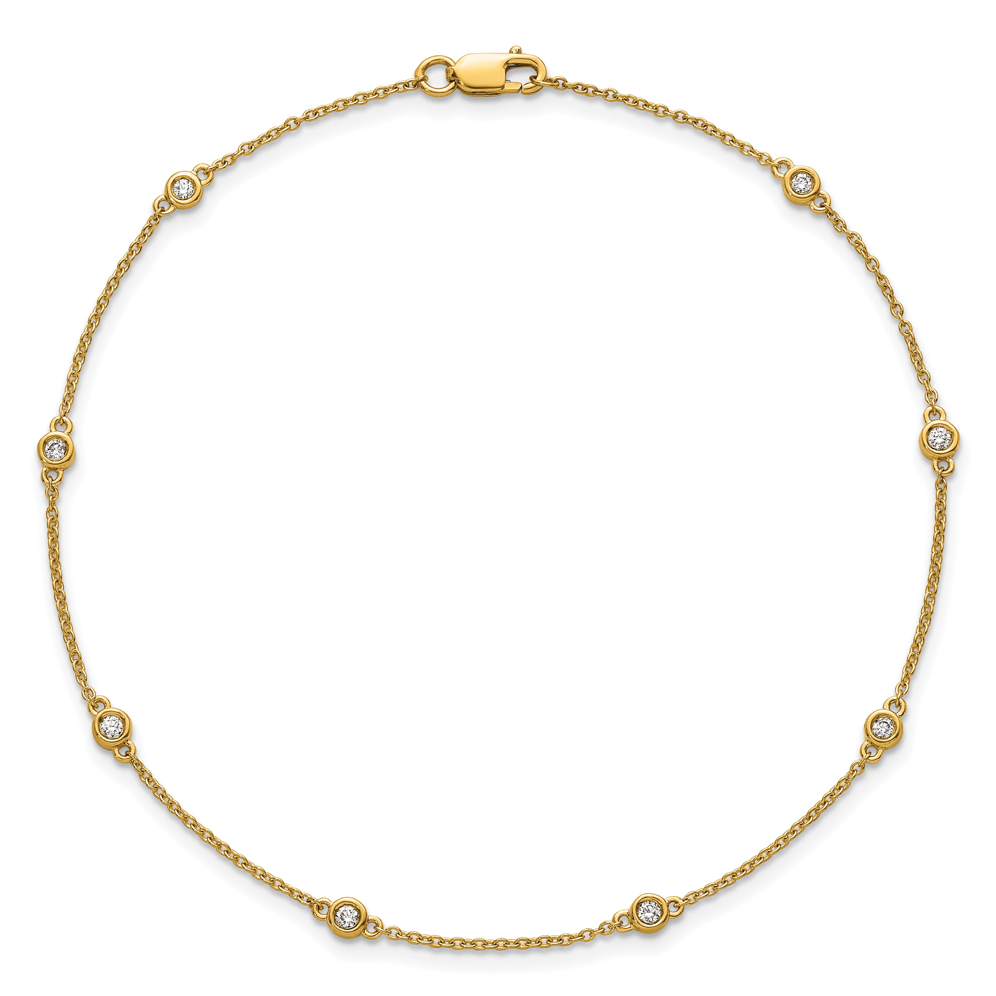 14k Complete 1/8 carat Bezel-set Diamond and Cable Chain 8-Station 9 inch Anklet