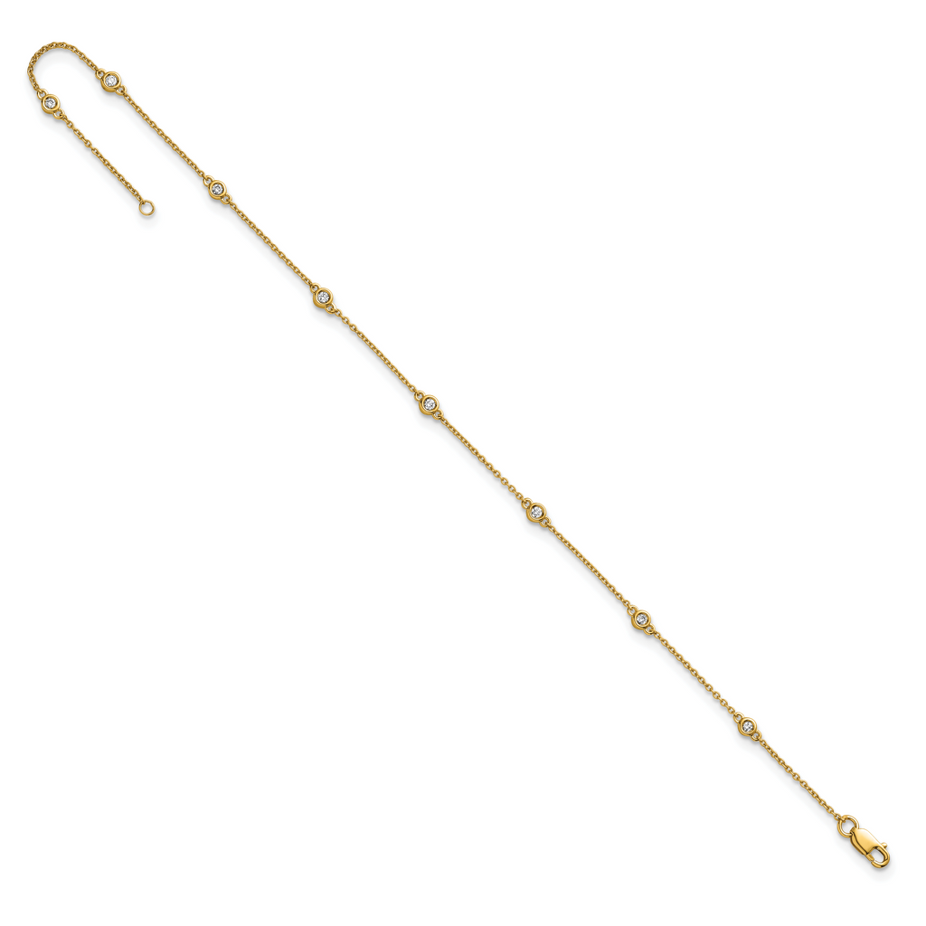 14k Complete 1/8 carat Bezel-set Diamond and Cable Chain 8-Station 9 inch Anklet