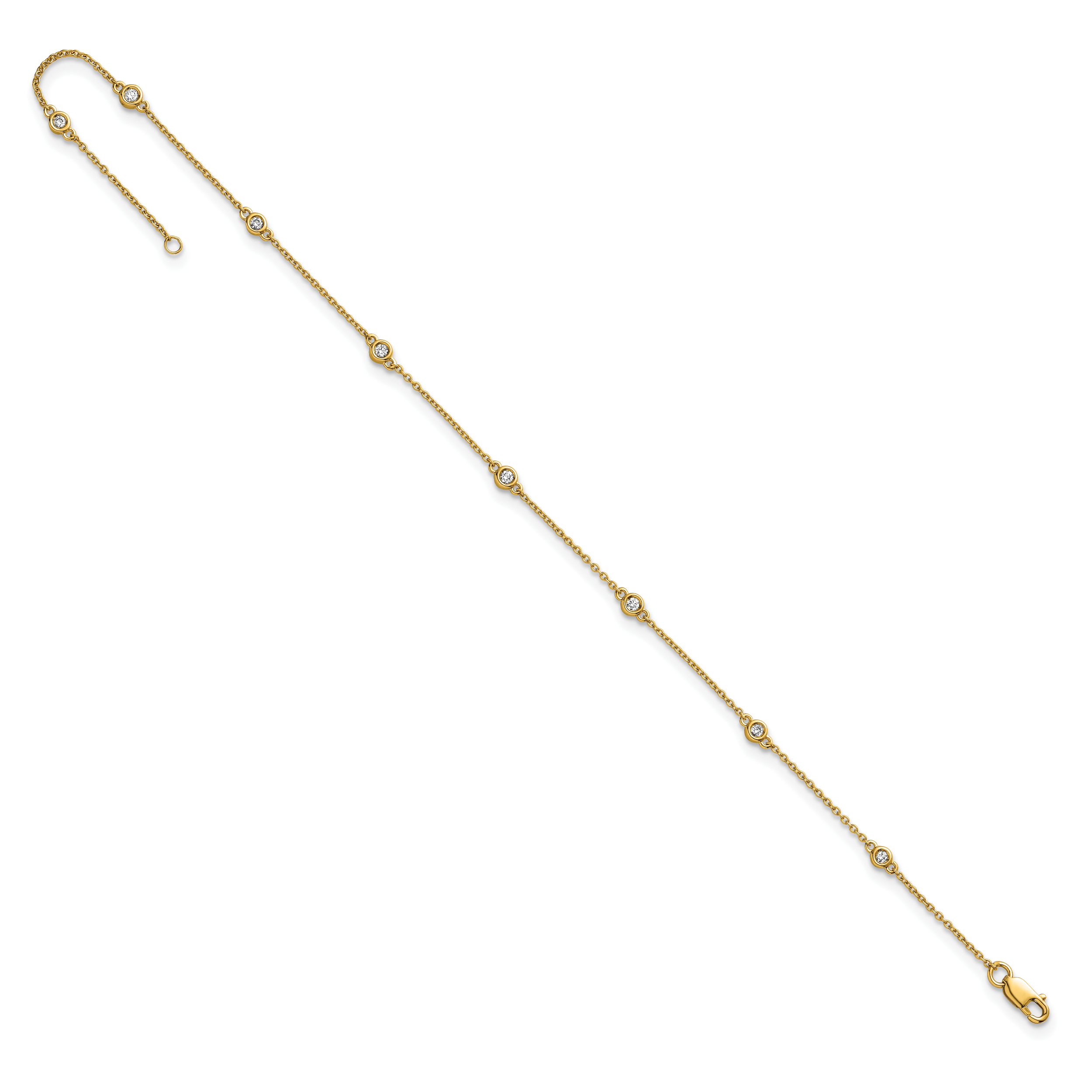 14k Complete 1/8 carat Bezel-set Diamond and Cable Chain 8-Station 9 inch Anklet