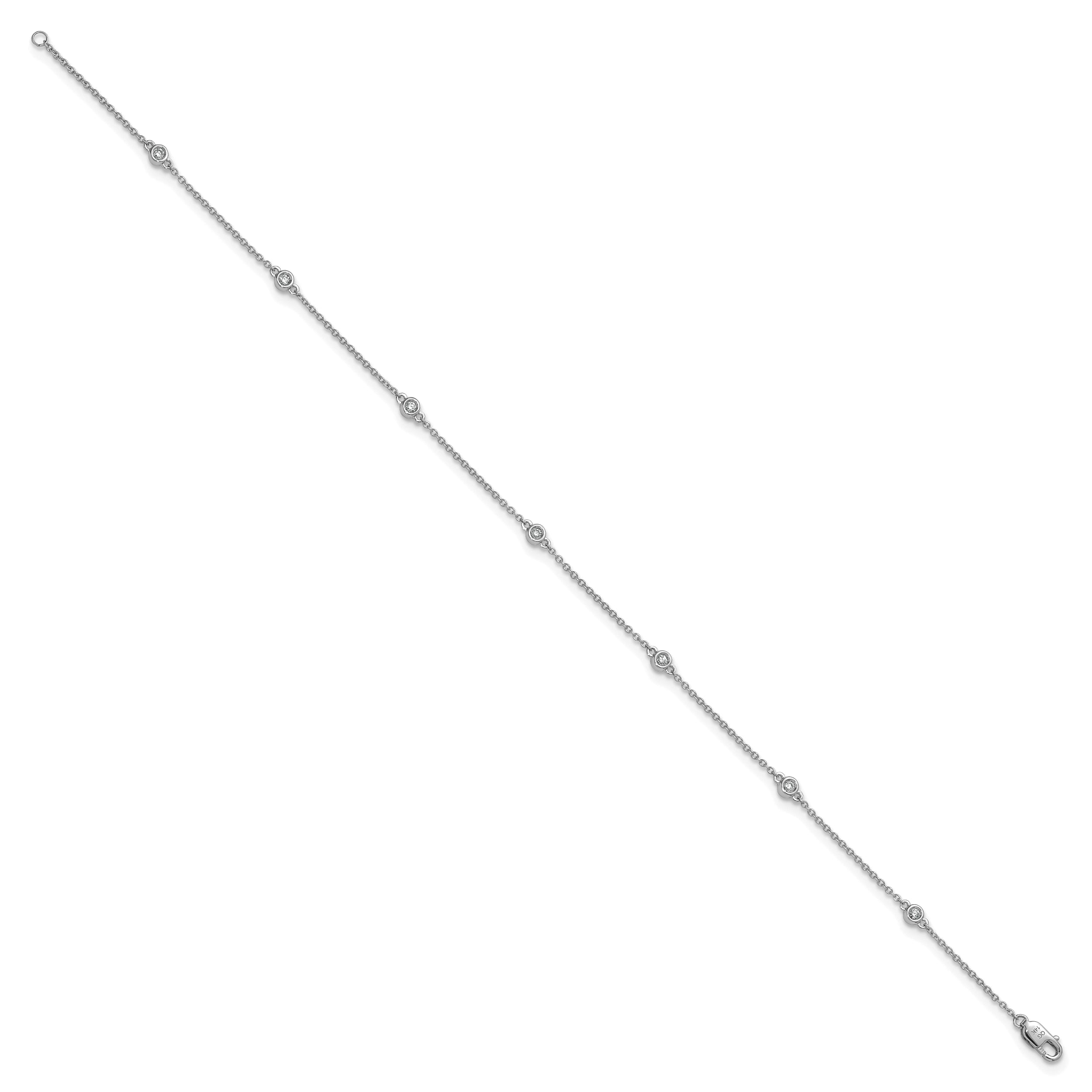 14k White Gold Complete 1/6 carat Bezel-set Diamond and Cable Chain 7-Station 9 inch Anklet