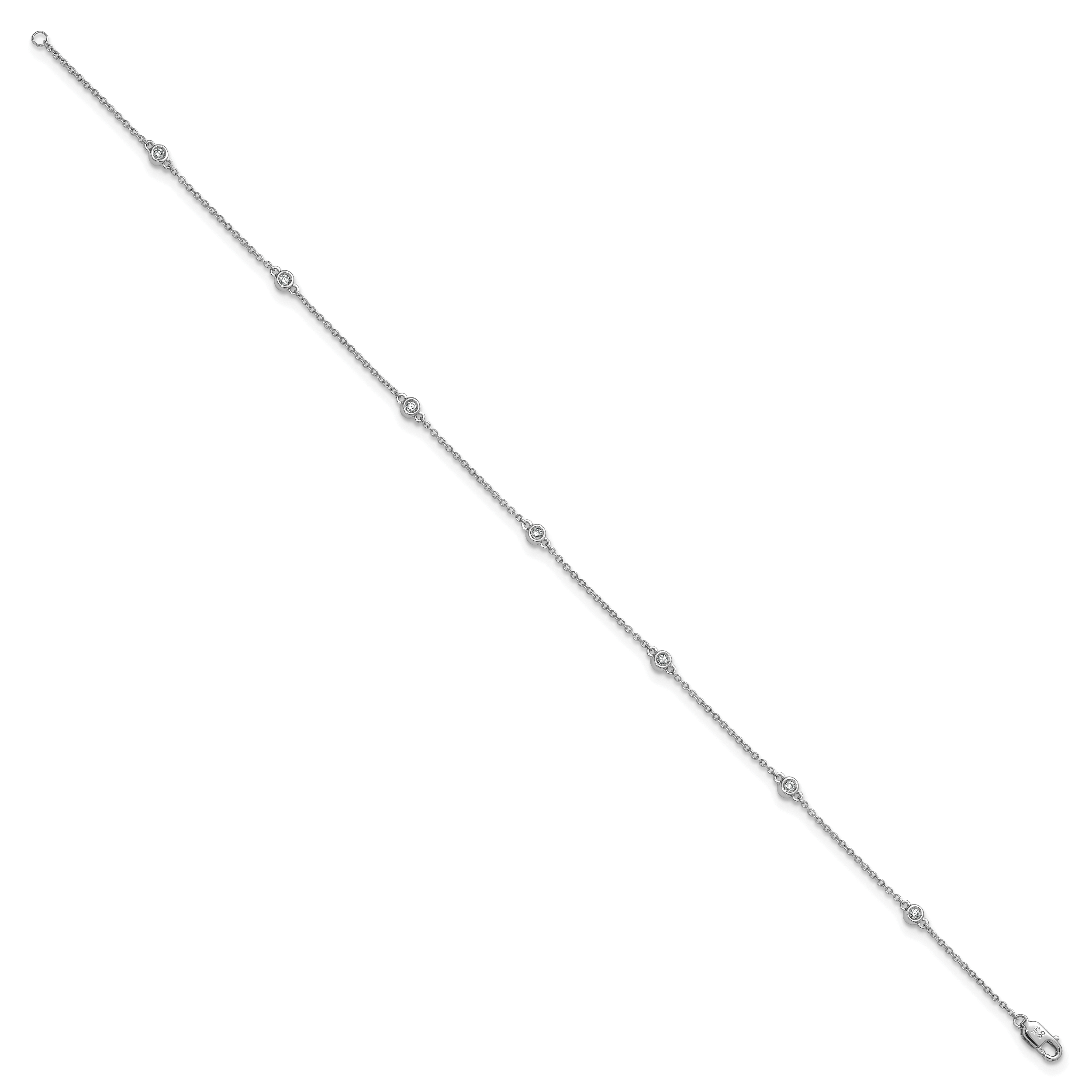 14k White Gold Complete 1/6 carat Bezel-set Diamond and Cable Chain 7-Station 9 inch Anklet
