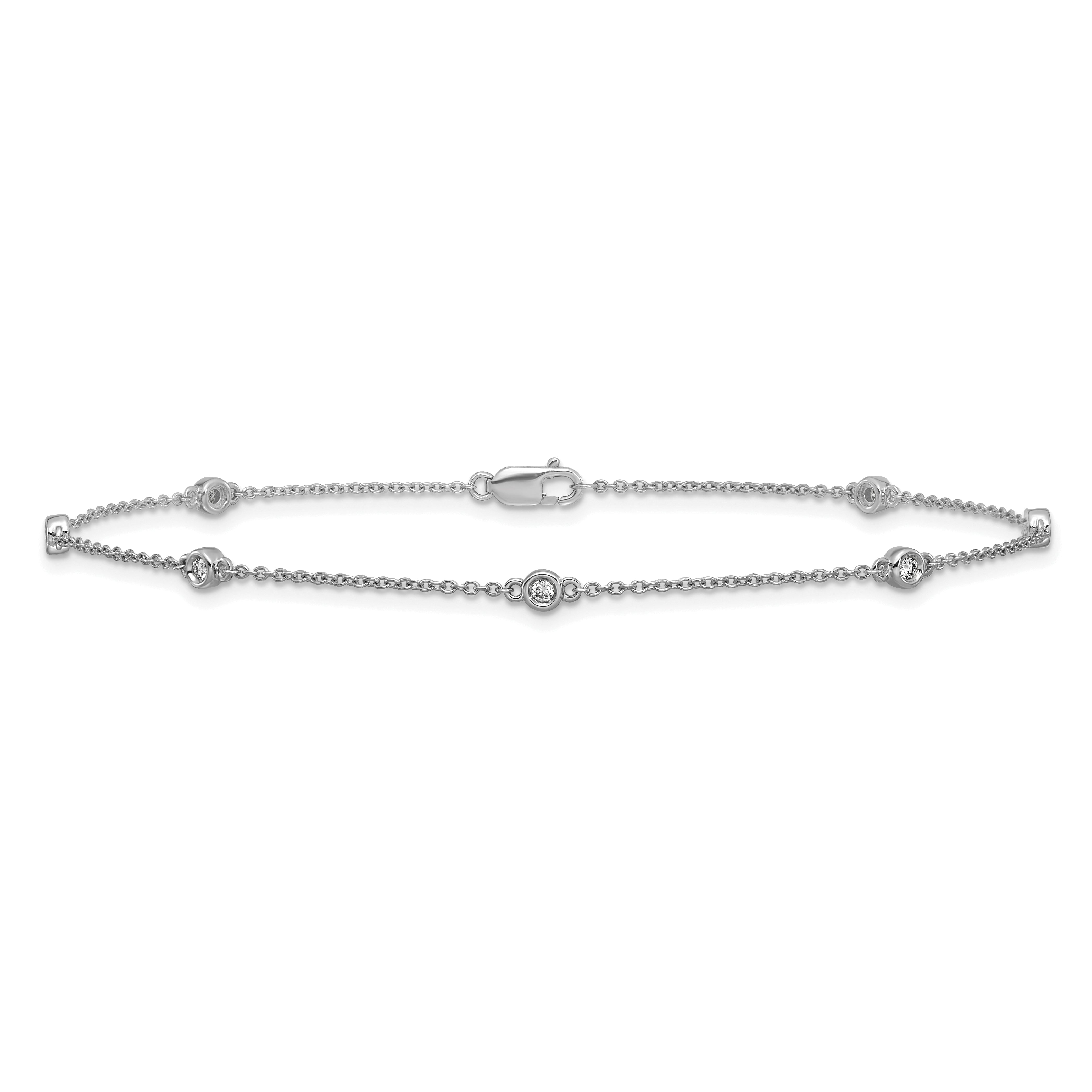 14k White Gold Complete 1/6 carat Bezel-set Diamond and Cable Chain 7-Station 9 inch Anklet